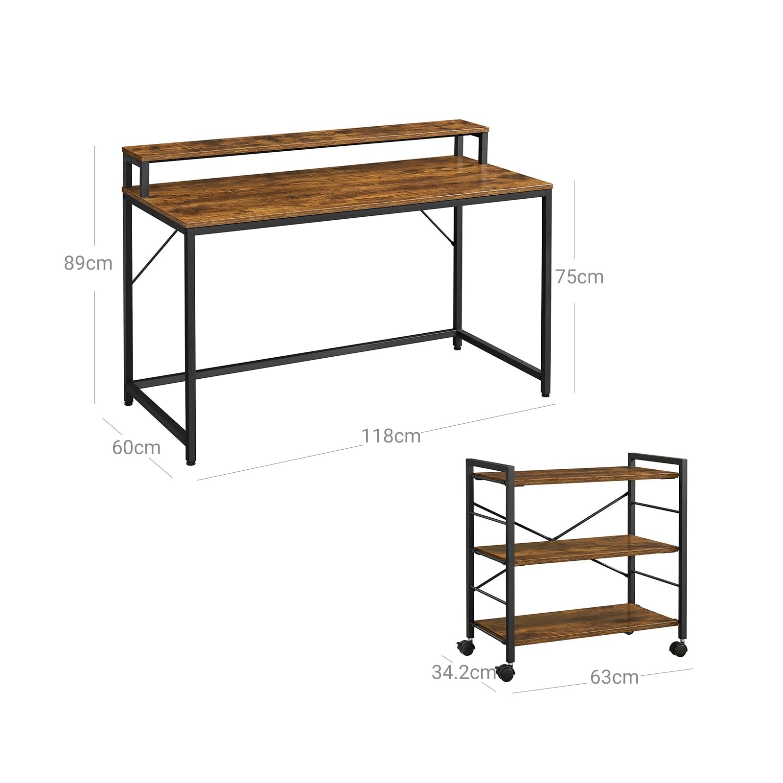 Writing Study Desk - Wood - Rustic Brown and Black - Monitor Stand and File Storage Shelves