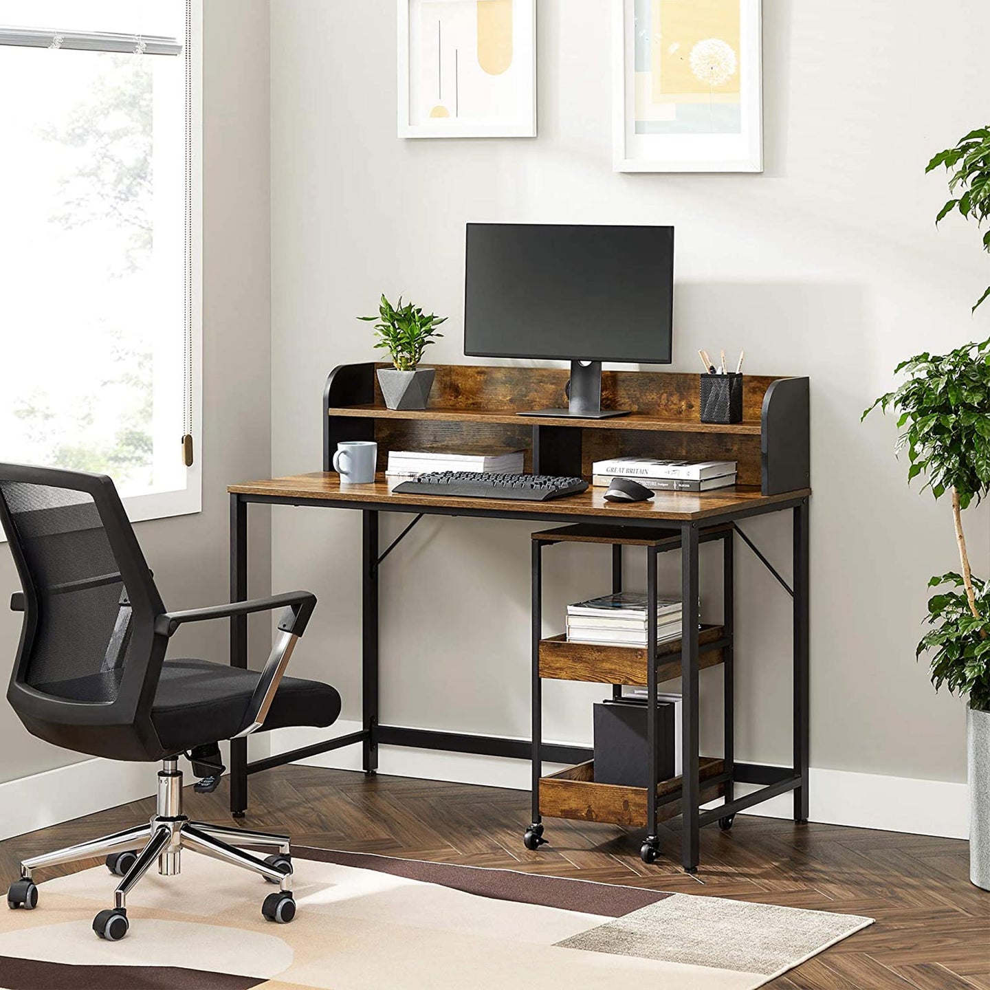 Writing Desk - Steel - Rustic Brown and Black - With Monitor Stand and Cable Management