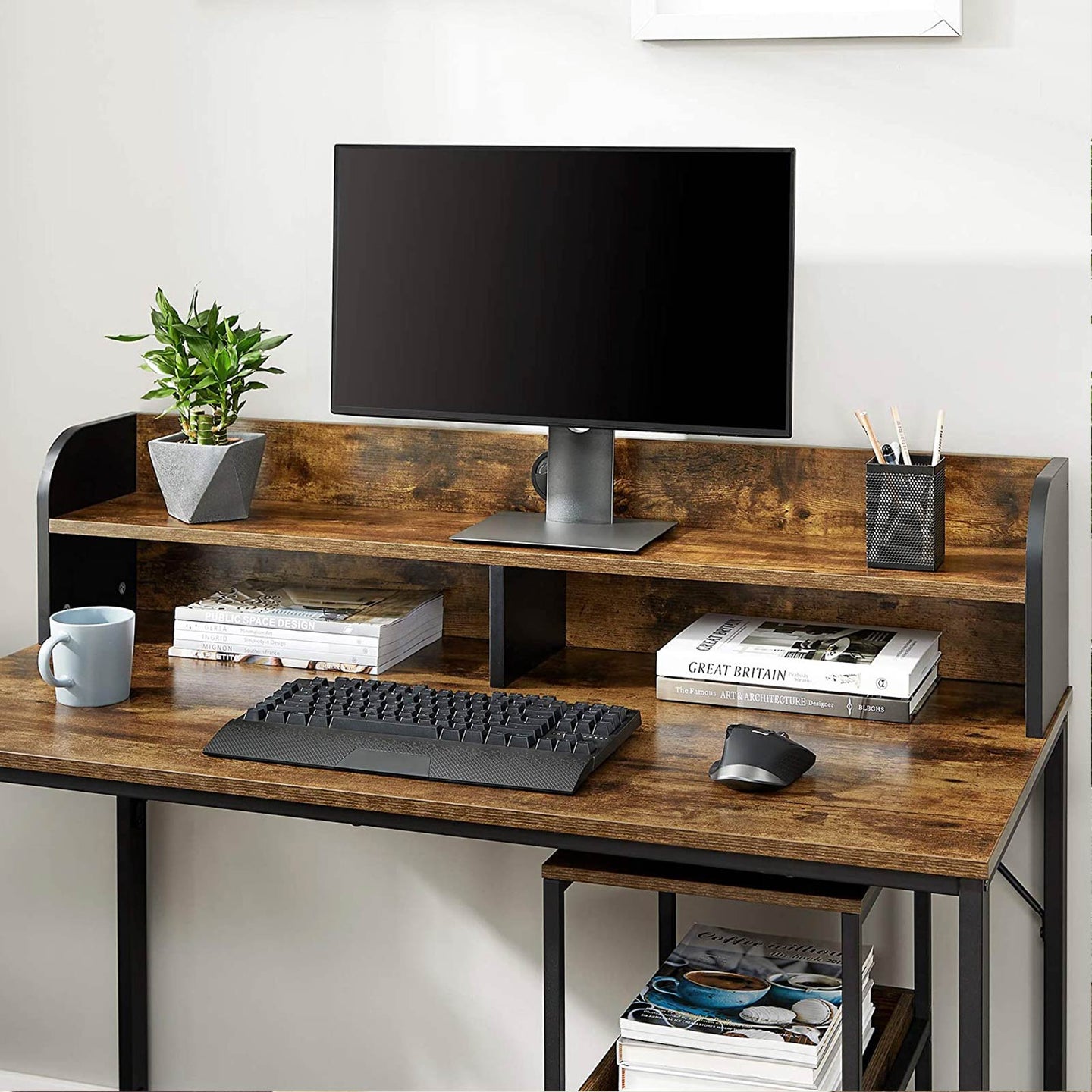 Writing Desk - Steel - Rustic Brown and Black - With Monitor Stand and Cable Management
