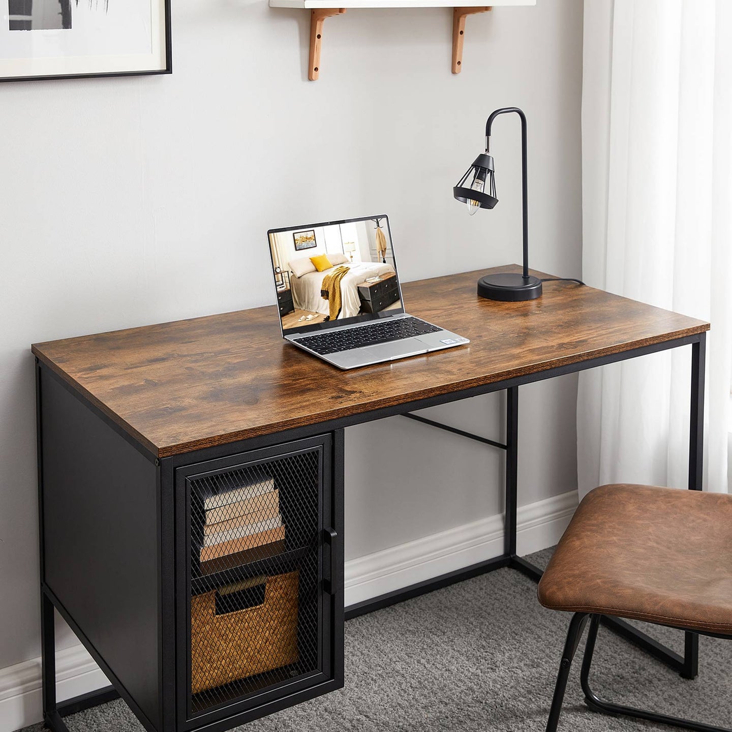 Writing Desk - Steel - Rustic Brown and Black - Includes Mesh Door Cabinet with Adjustable Shelf