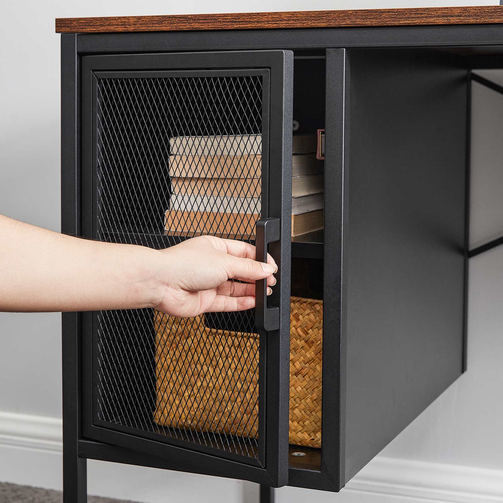 Writing Desk - Steel - Rustic Brown and Black - Includes Mesh Door Cabinet with Adjustable Shelf
