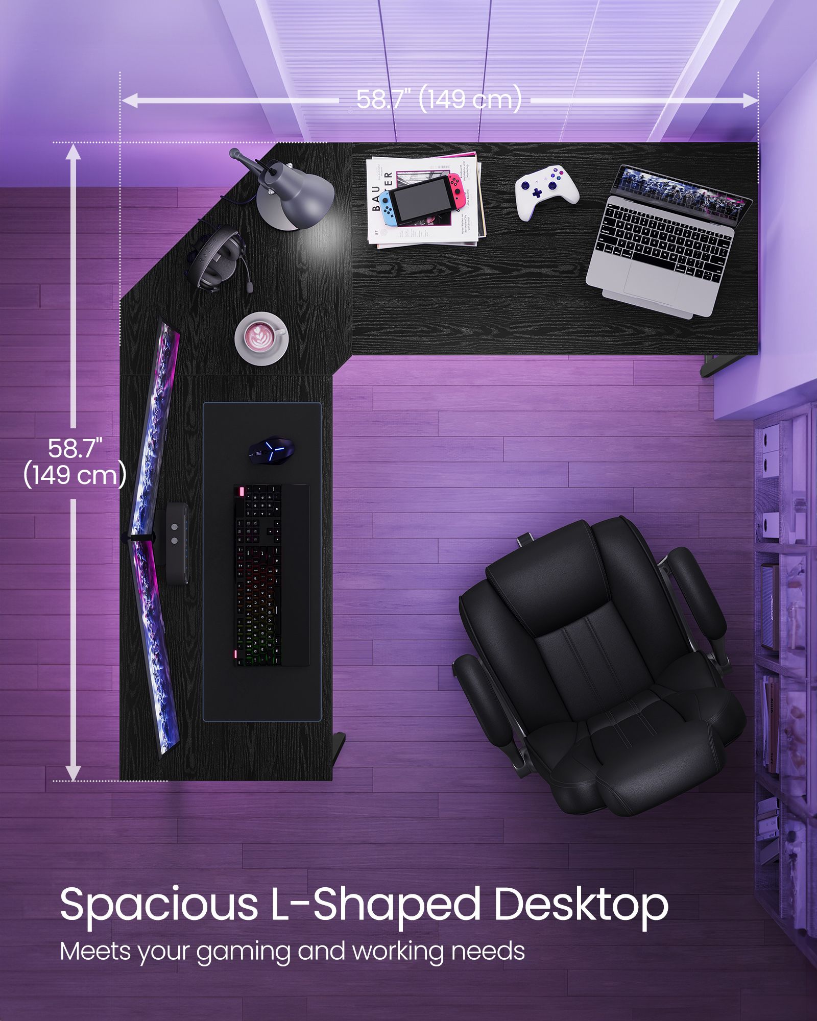 L-Shaped Computer Desk - Wood - Ebony Black - Space-Saving