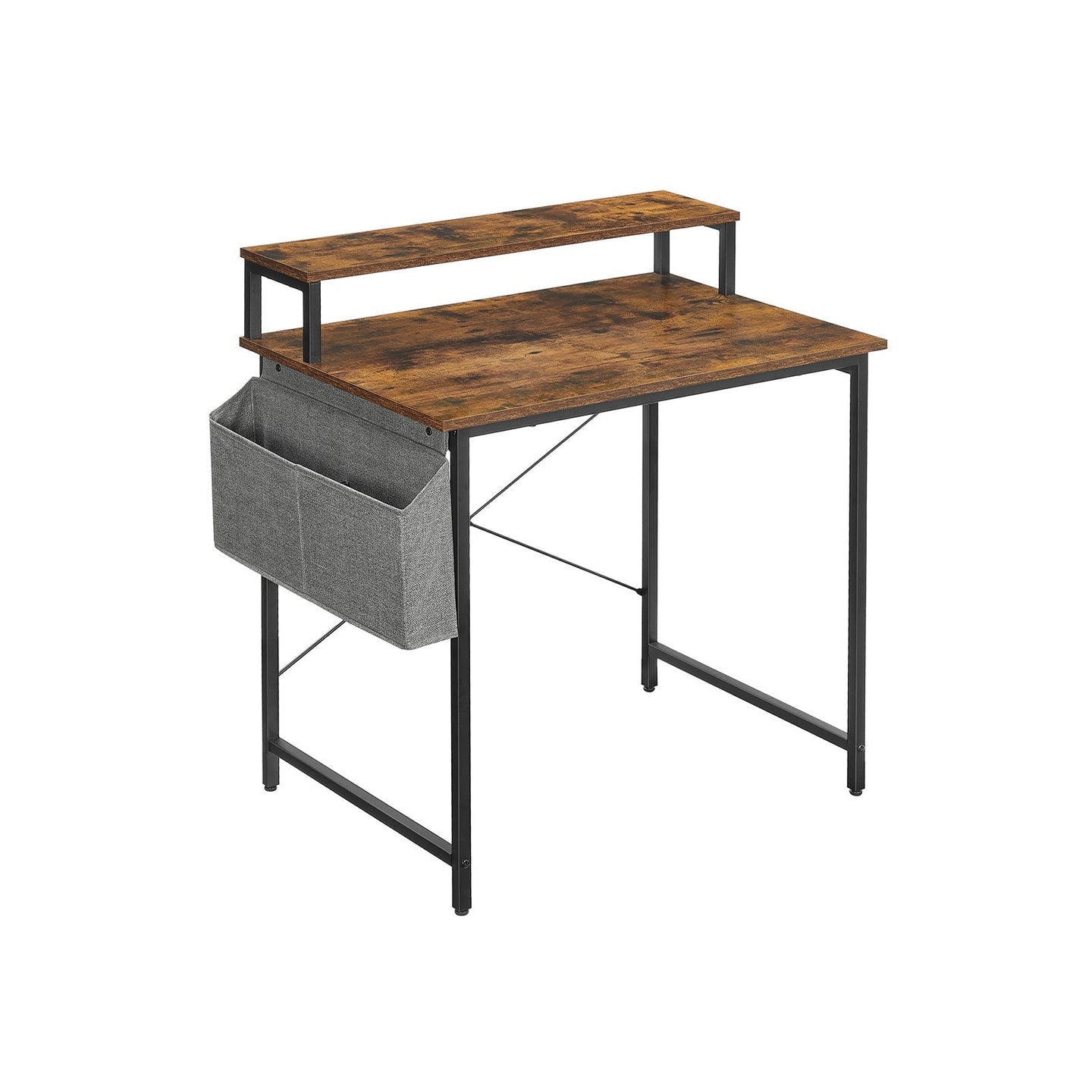 Small Computer Desk - Wood - Rustic Brown and Black - Includes Monitor Riser and Fabric Storage Bag