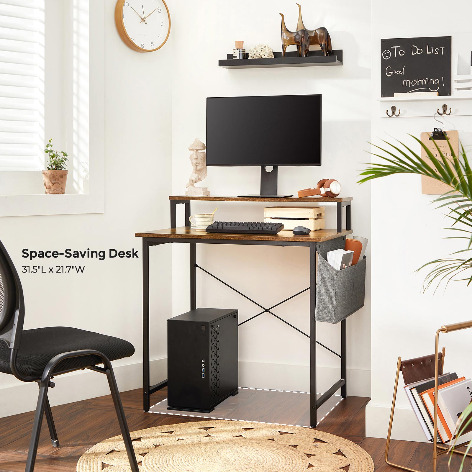 Small Computer Desk - Wood - Rustic Brown and Black - Includes Monitor Riser and Fabric Storage Bag