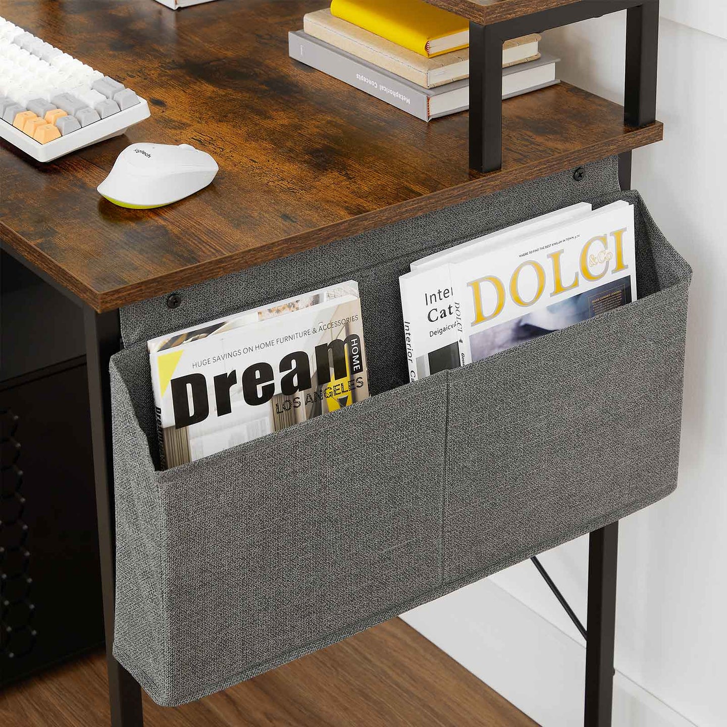 Small Computer Desk - Wood - Rustic Brown and Black - Includes Monitor Riser and Fabric Storage Bag