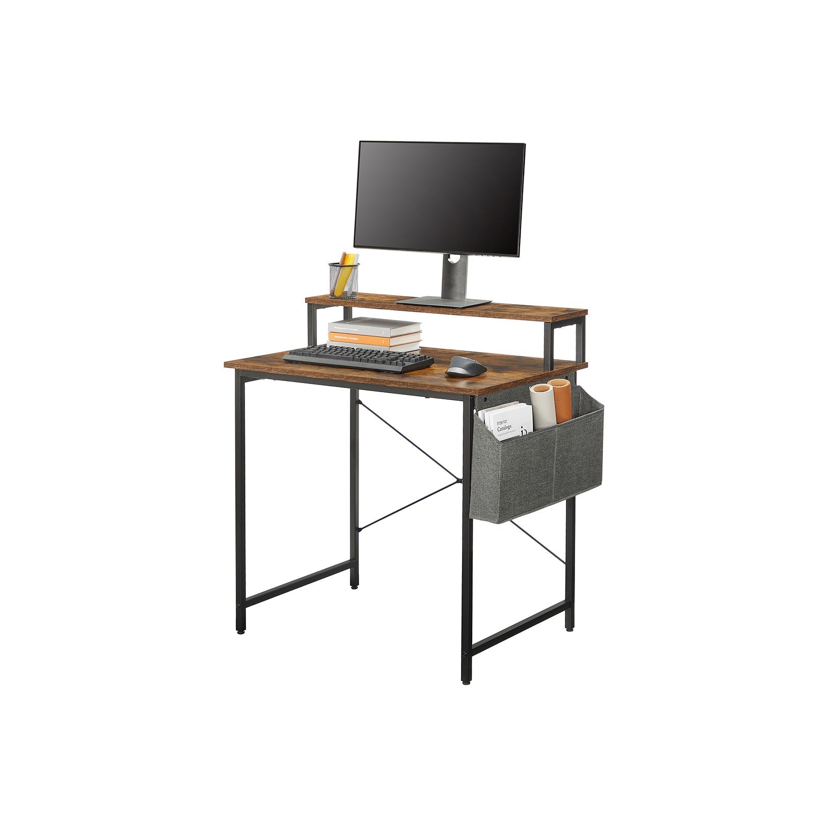 Small Computer Desk - Wood - Rustic Brown and Black - Includes Monitor Riser and Fabric Storage Bag