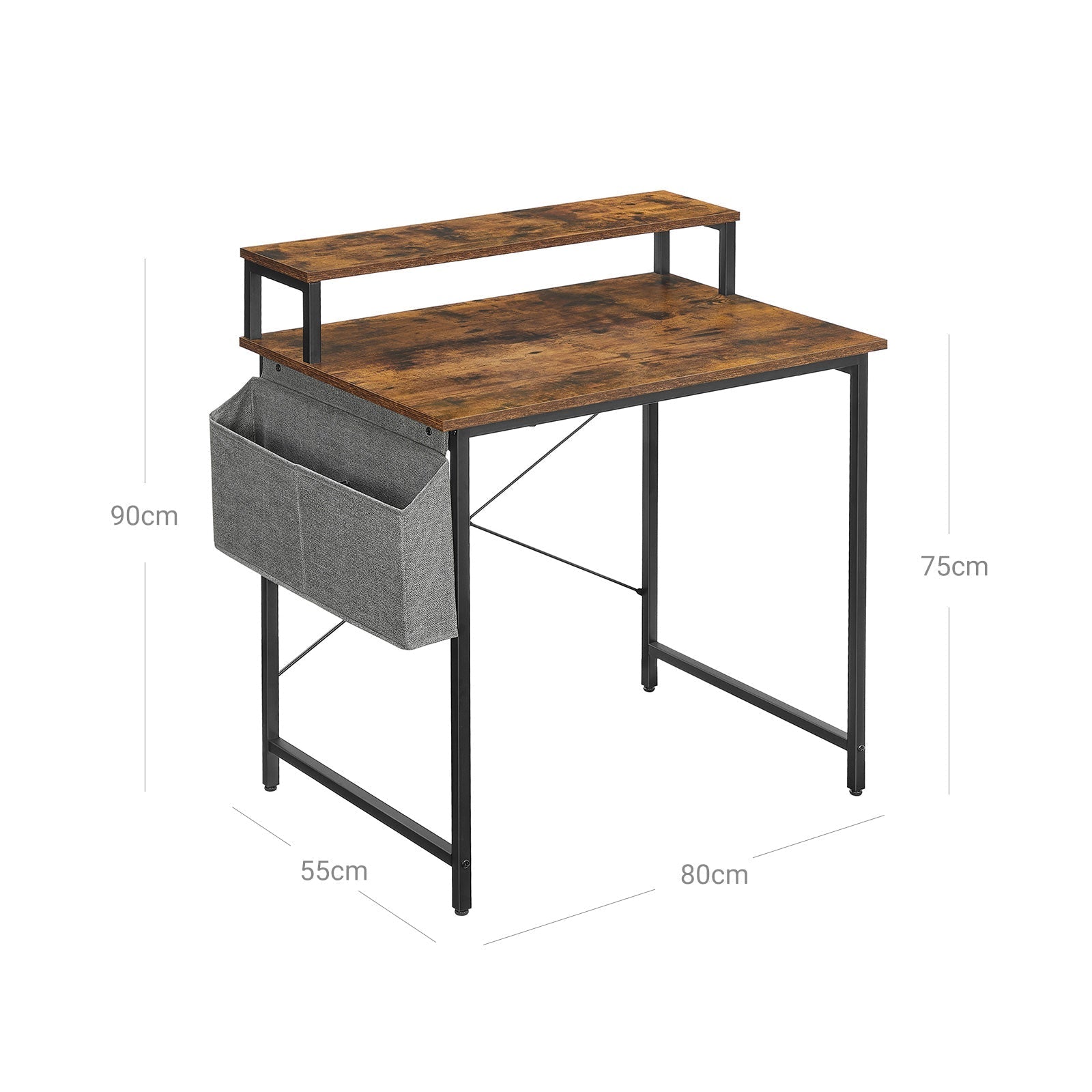 Small Computer Desk - Wood - Rustic Brown and Black - Includes Monitor Riser and Fabric Storage Bag