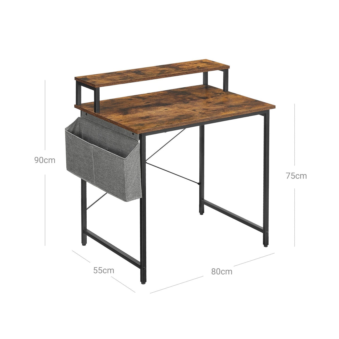 Small Computer Desk - Wood - Rustic Brown and Black - Includes Monitor Riser and Fabric Storage Bag