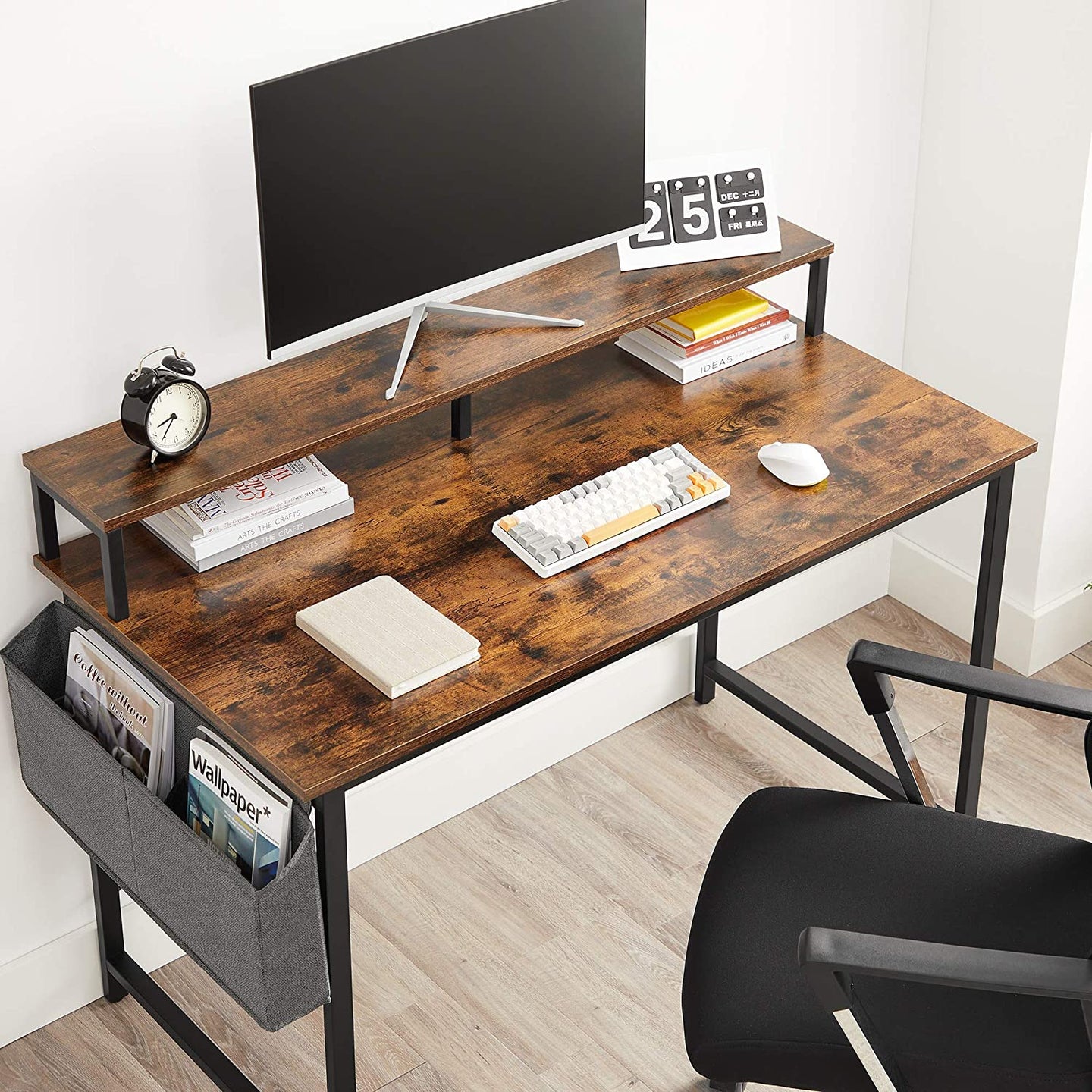 Computer Desk - Wood - Rustic Brown and Black - Adjustable Feet with Monitor Riser and Storage Bag