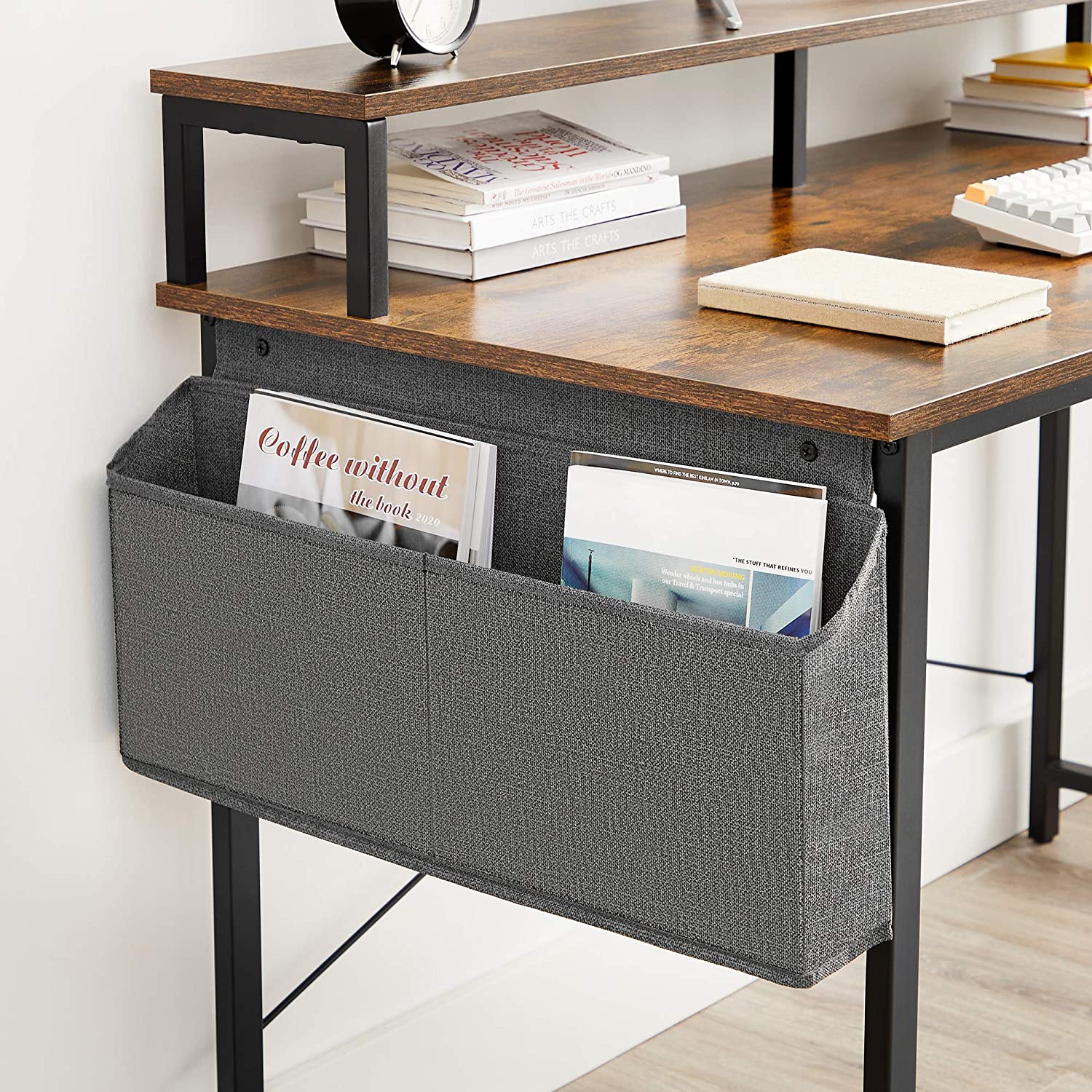 Computer Desk - Wood - Rustic Brown and Black - Adjustable Feet with Monitor Riser and Storage Bag