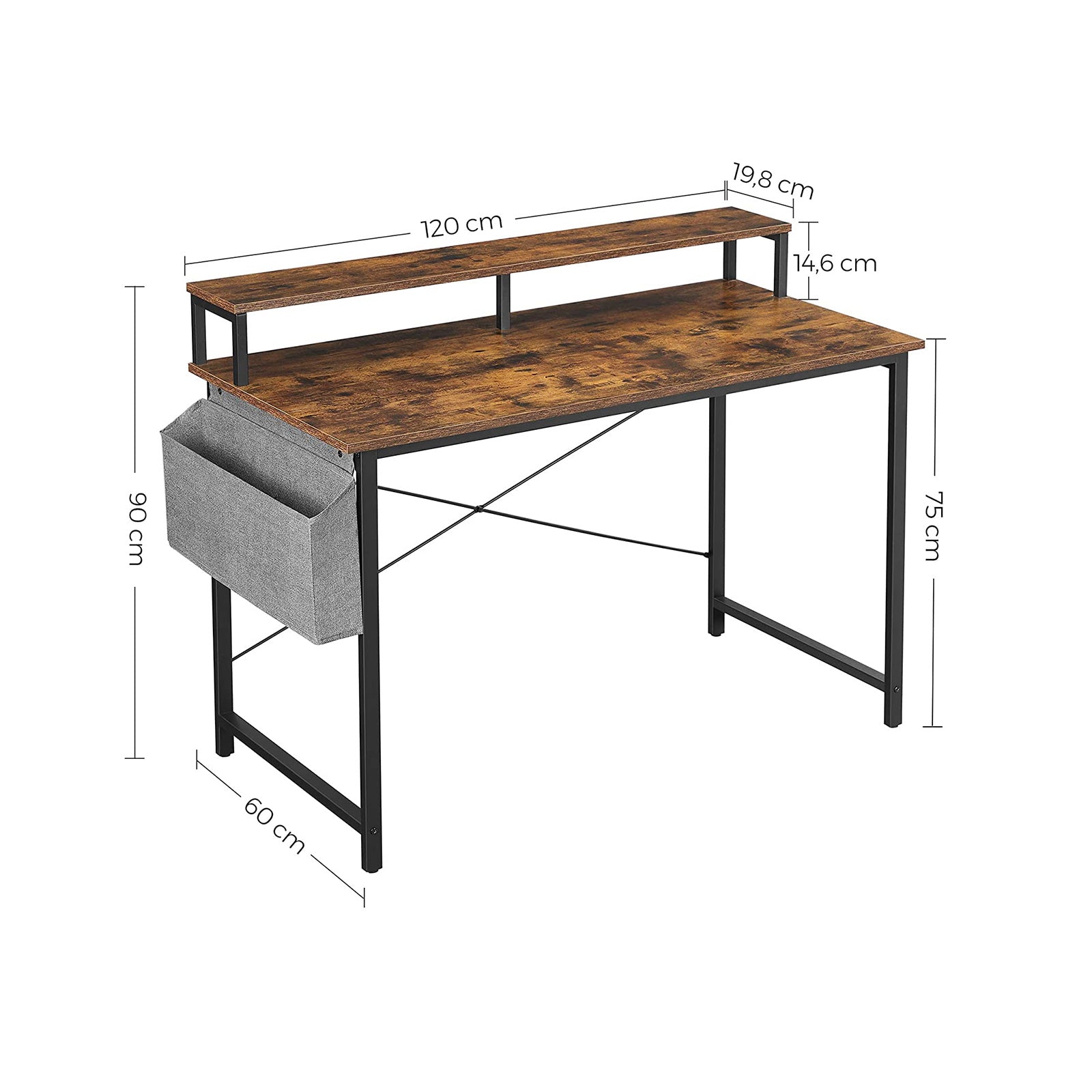 Computer Desk - Wood - Rustic Brown and Black - Adjustable Feet with Monitor Riser and Storage Bag
