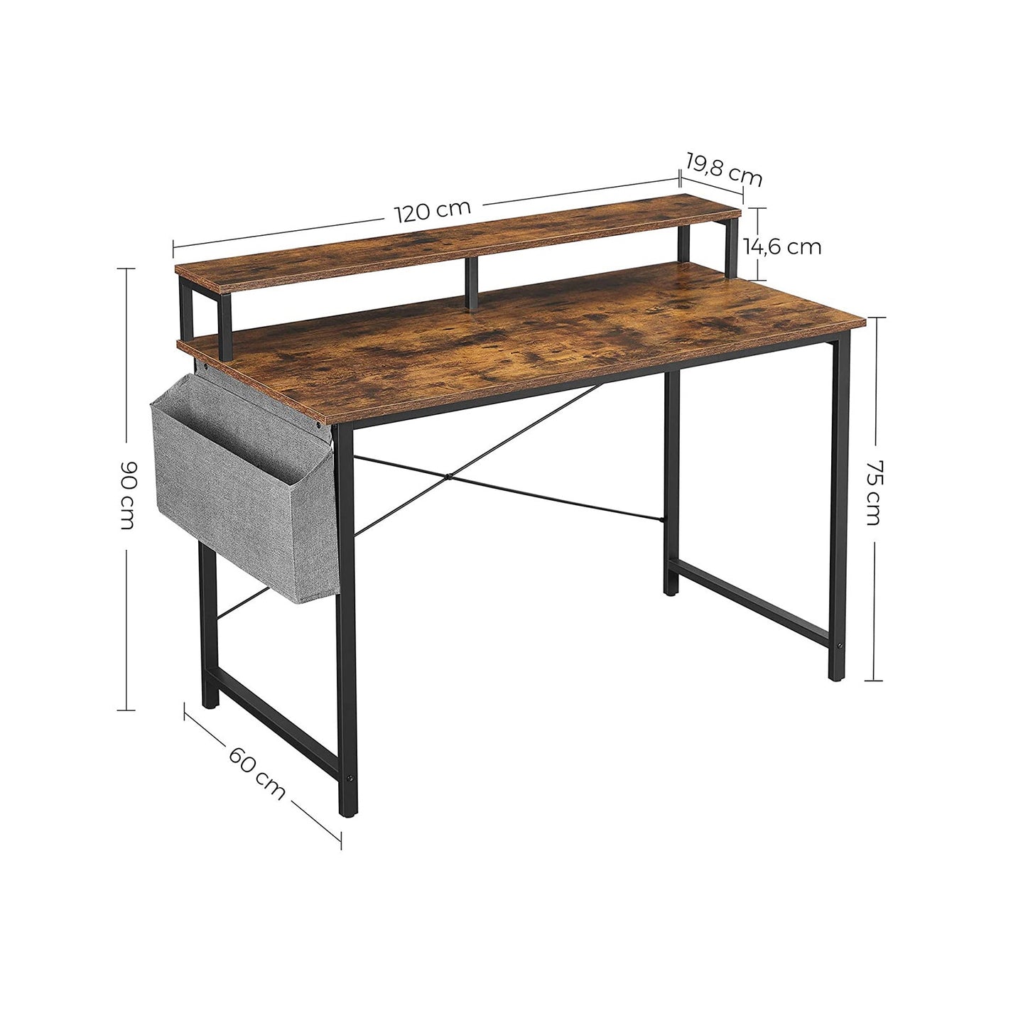 Computer Desk - Wood - Rustic Brown and Black - Adjustable Feet with Monitor Riser and Storage Bag