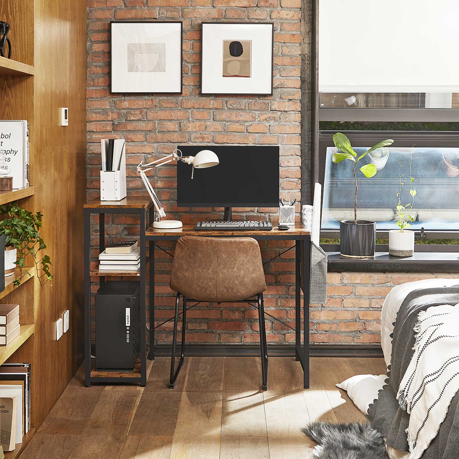 Writing Desk - Wood - Rustic Brown and Black - Reversible Shelves and Storage Bag