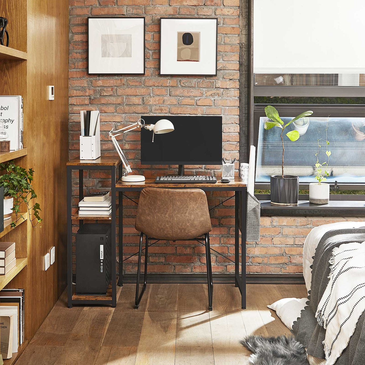 Writing Desk - Wood - Rustic Brown and Black - Reversible Shelves and Storage Bag