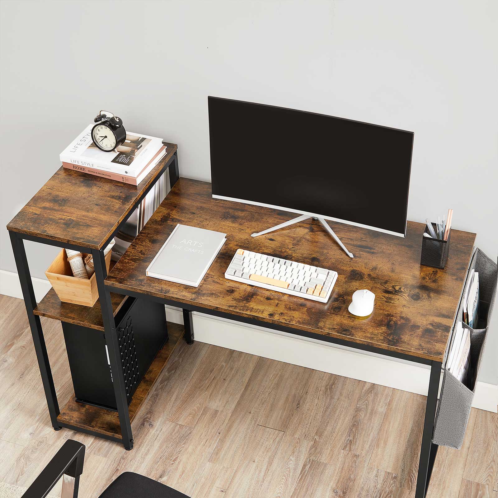 Writing Desk - Wood - Rustic Brown and Black - Reversible Shelves and Storage Bag