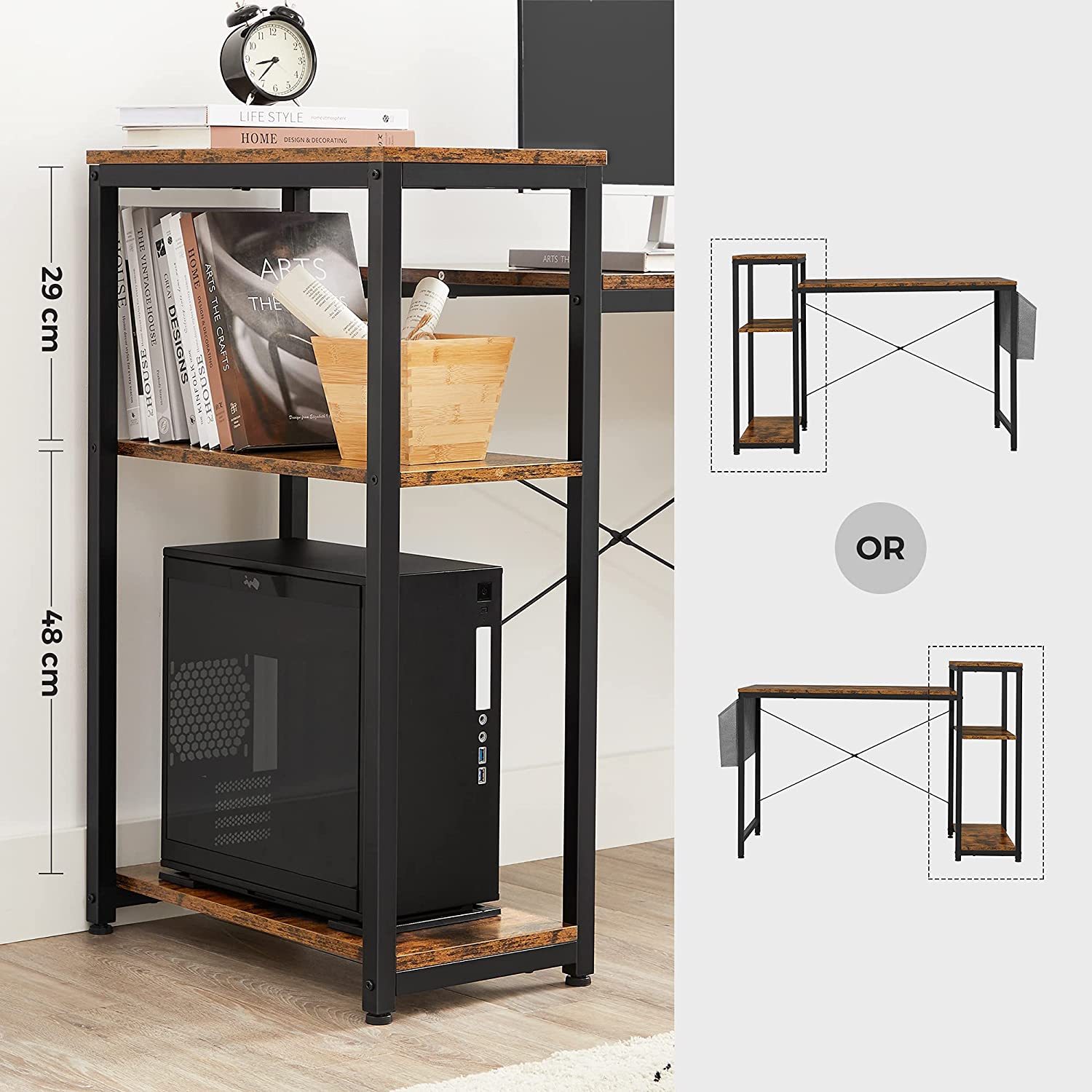Computer Desk - Wood - Rustic Brown and Black - Reversible Shelves and Storage Bag