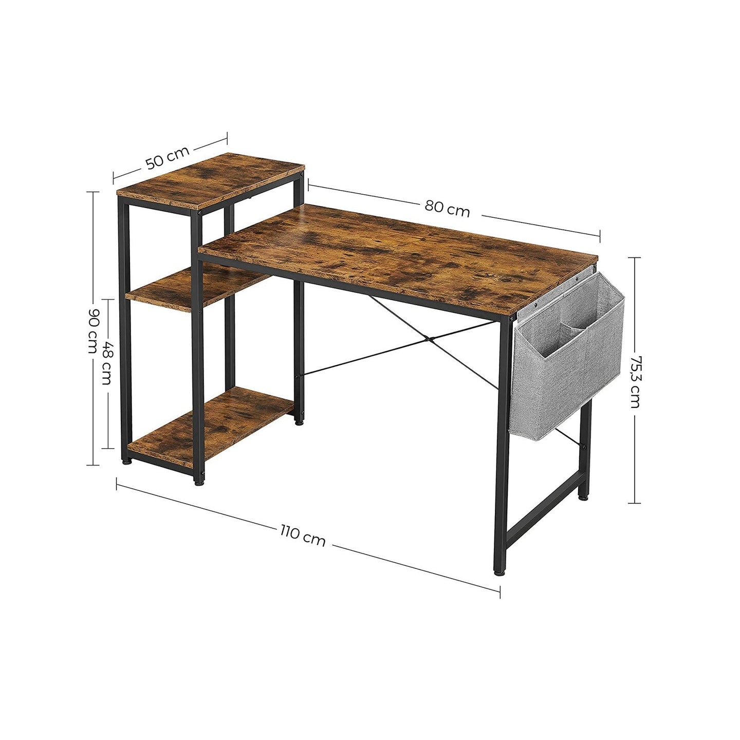 Computer Desk - Wood - Rustic Brown and Black - Reversible Shelves and Storage Bag