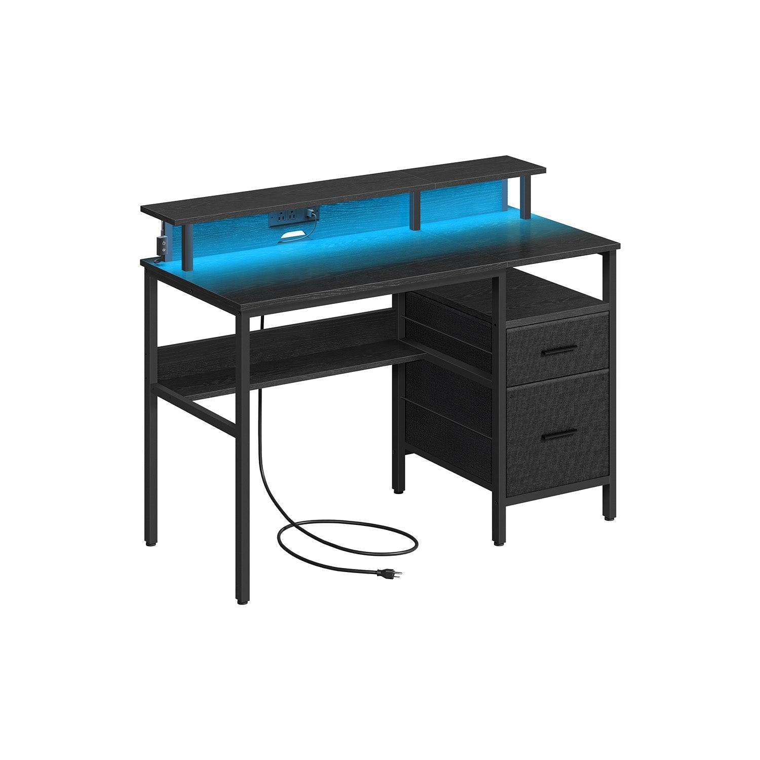 Gaming Desk - Wood - Ebony Black - LED Lights with Built-In Power Outlets and Monitor Shelf