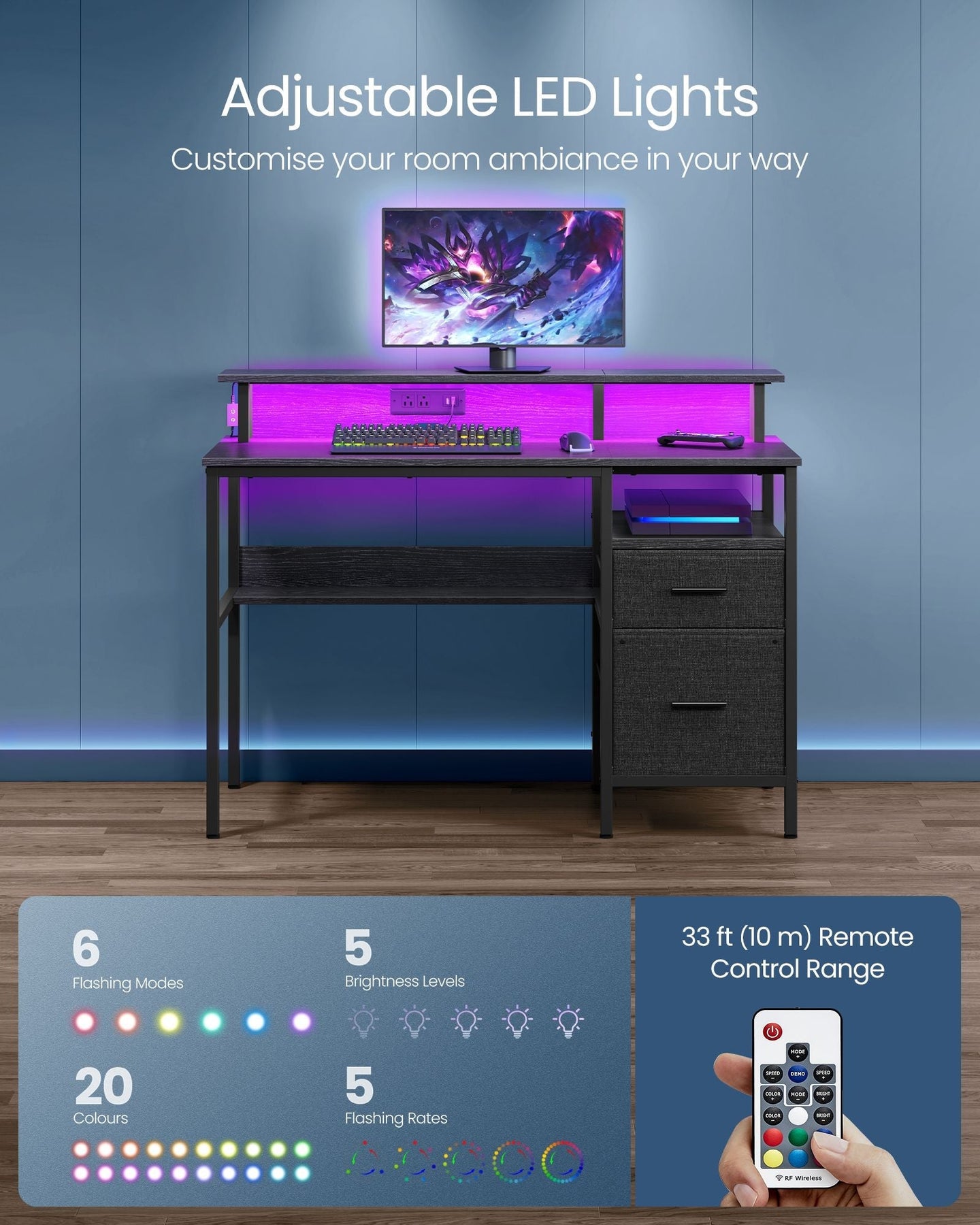 Gaming Desk - Wood - Ebony Black - LED Lights with Built-In Power Outlets and Monitor Shelf