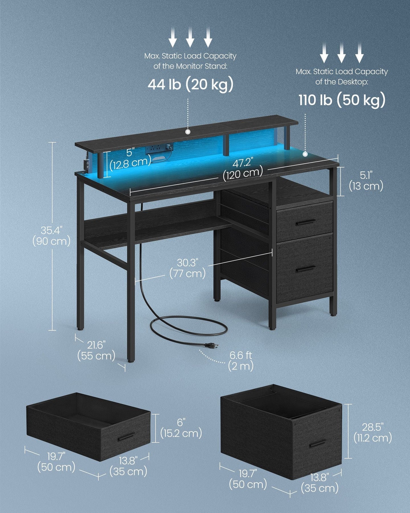 Gaming Desk - Wood - Ebony Black - LED Lights with Built-In Power Outlets and Monitor Shelf