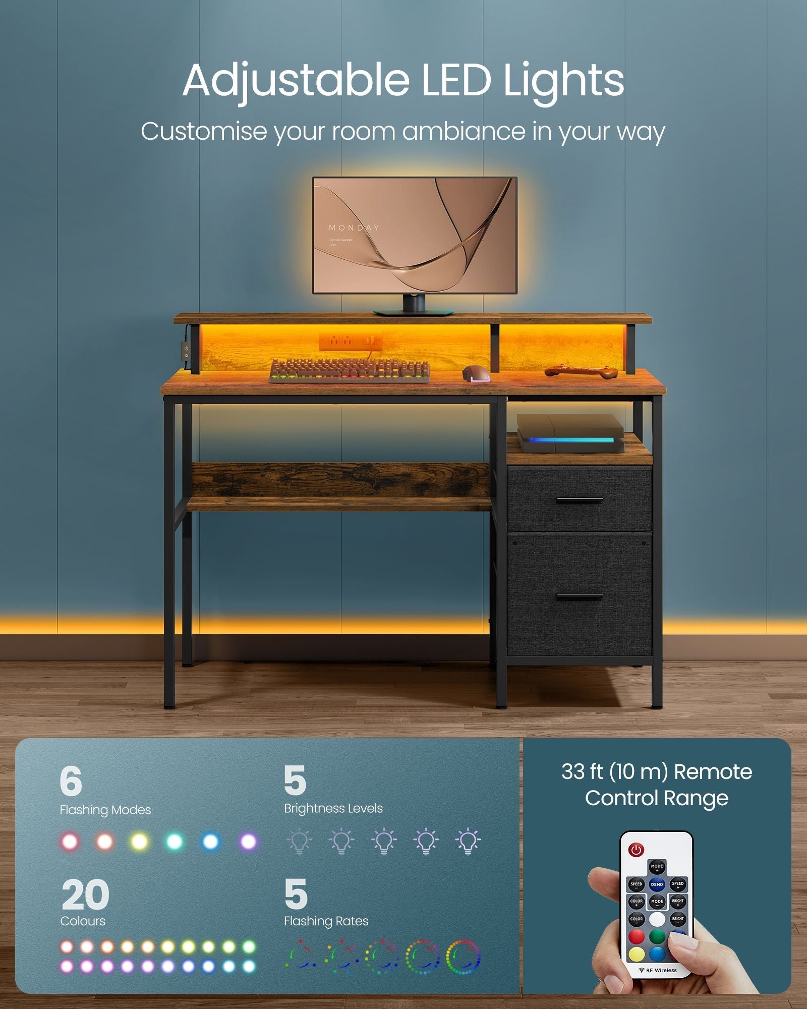 Gaming Desk - Wood - Rustic Brown - LED Lights