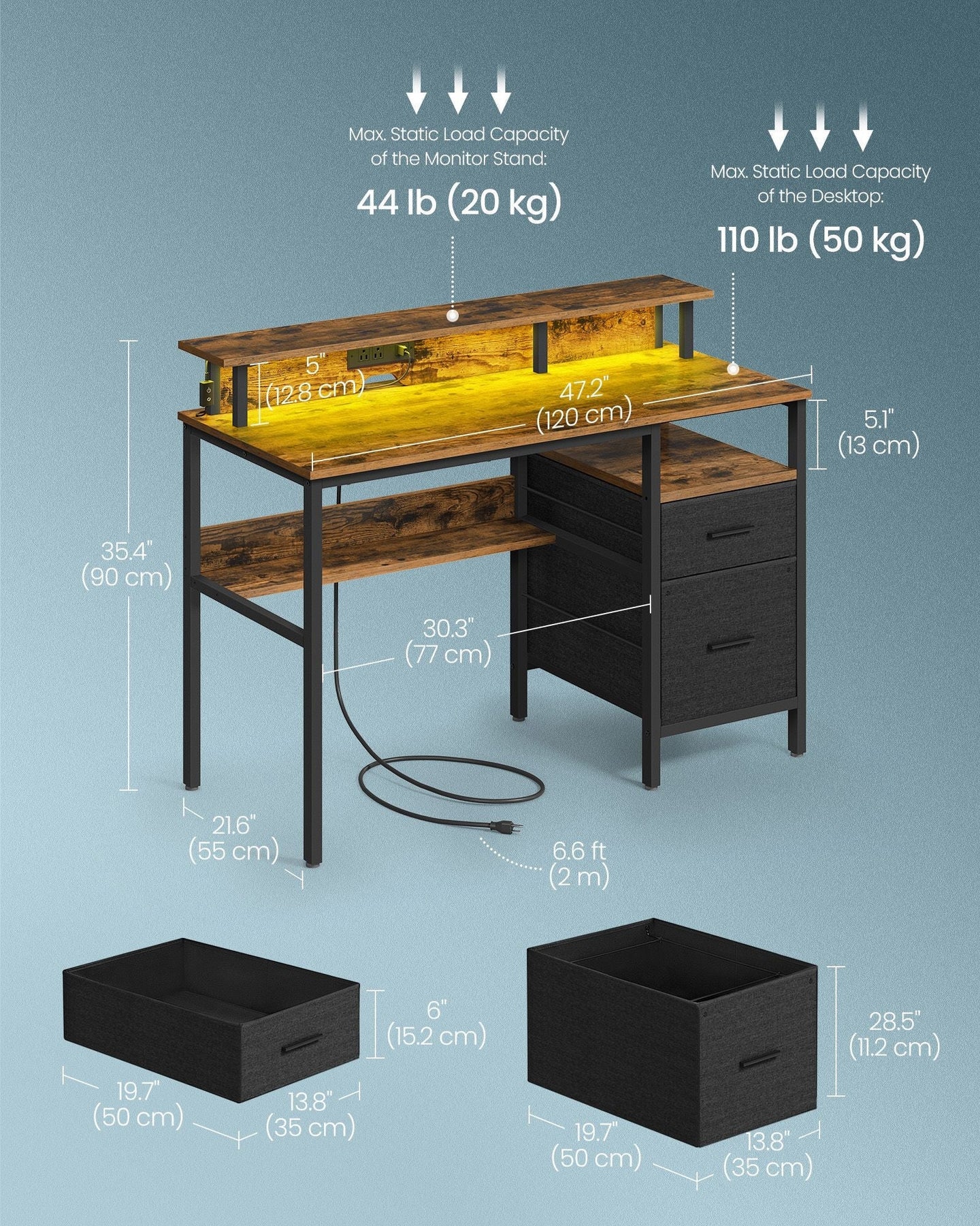 Gaming Desk - Wood - Rustic Brown - LED Lights