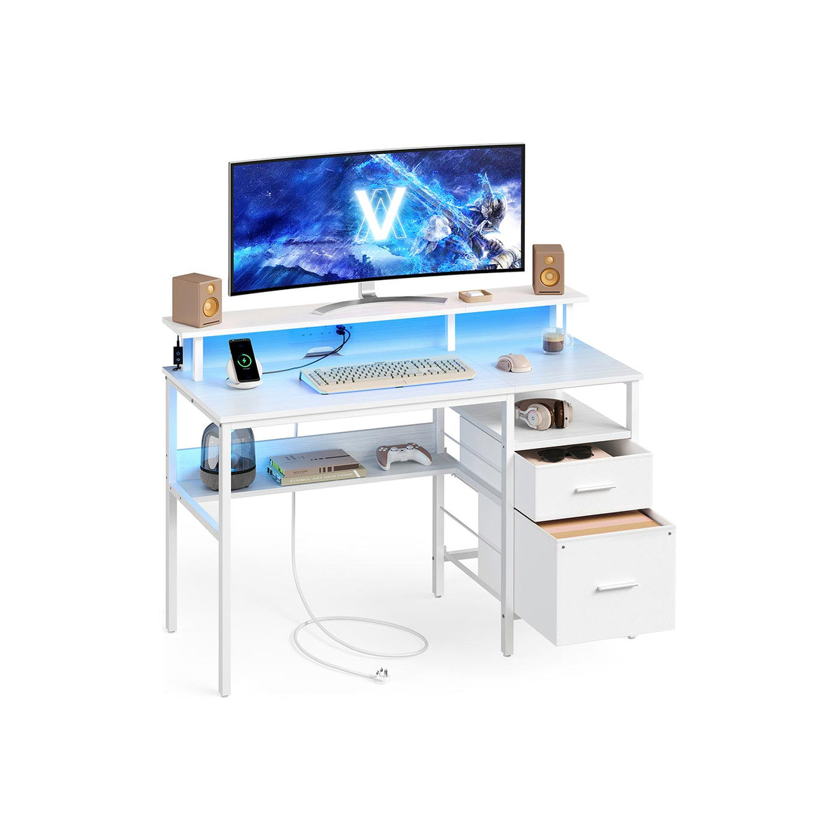 Computer Desk – Built-In LED Lighting – 2 Drawers – Storage Shelves