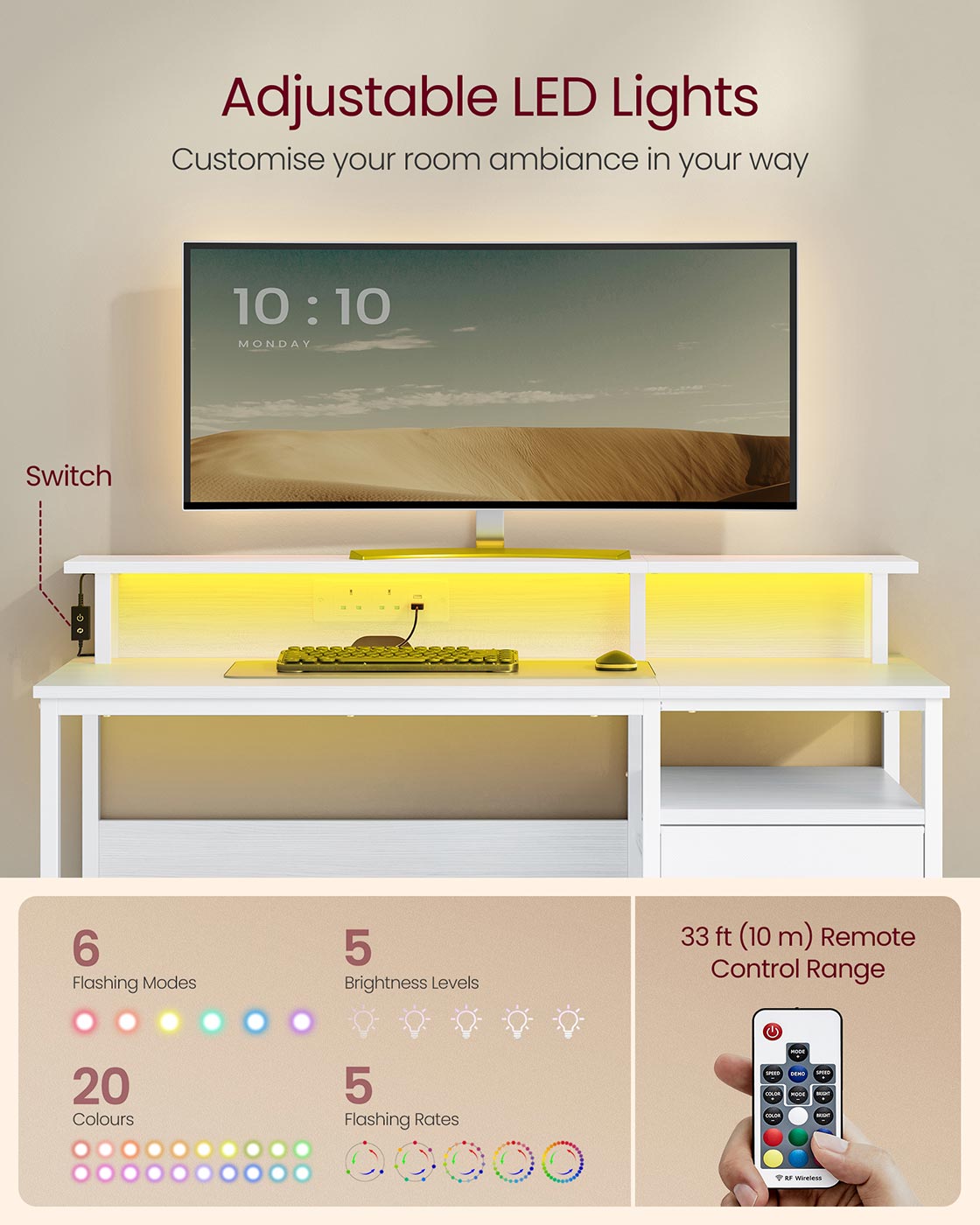 Computer Desk – Built-In LED Lighting – 2 Drawers – Storage Shelves