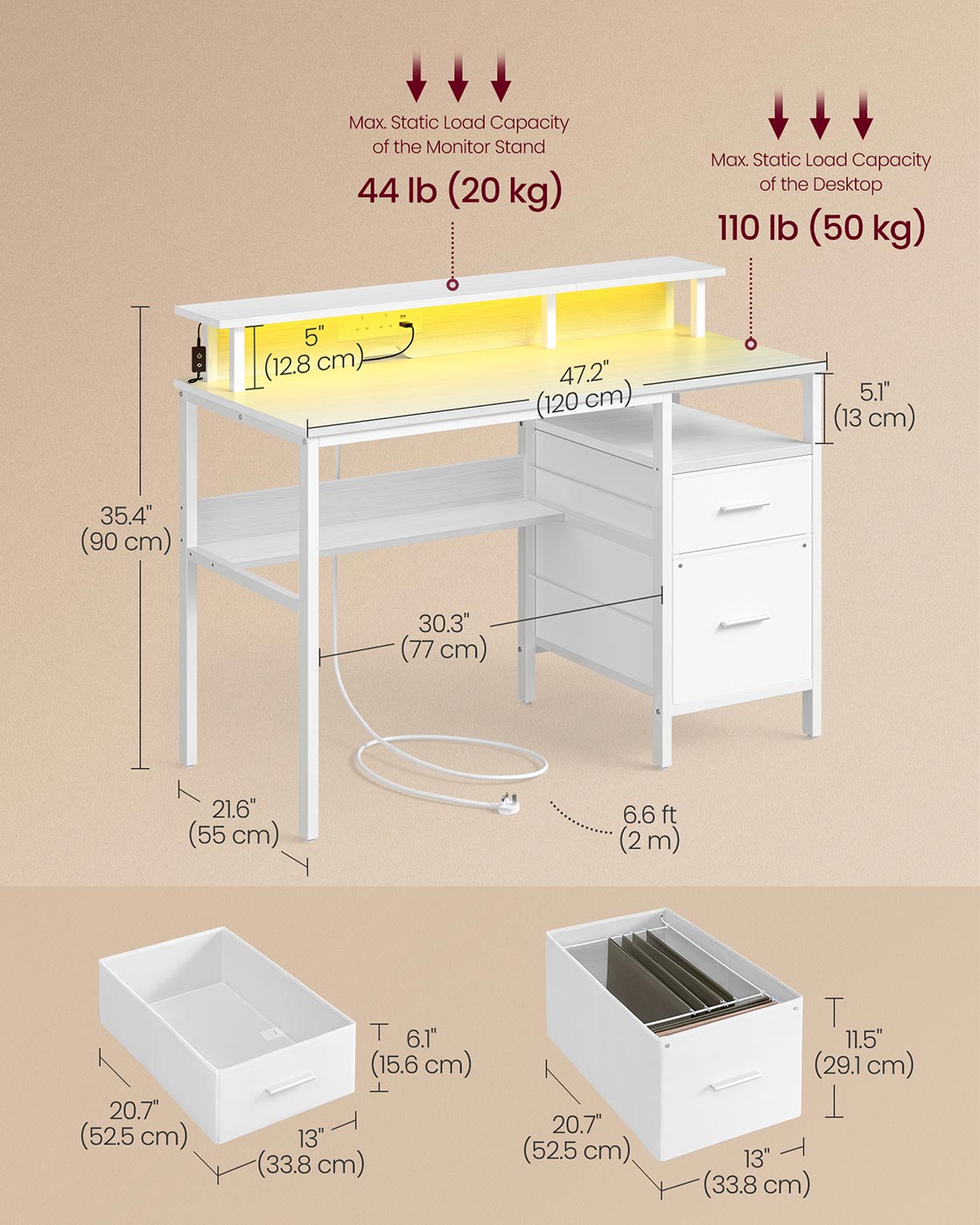 Computer Desk - Wood - Maple White - LED Lighting with Drawers and Monitor Shelf