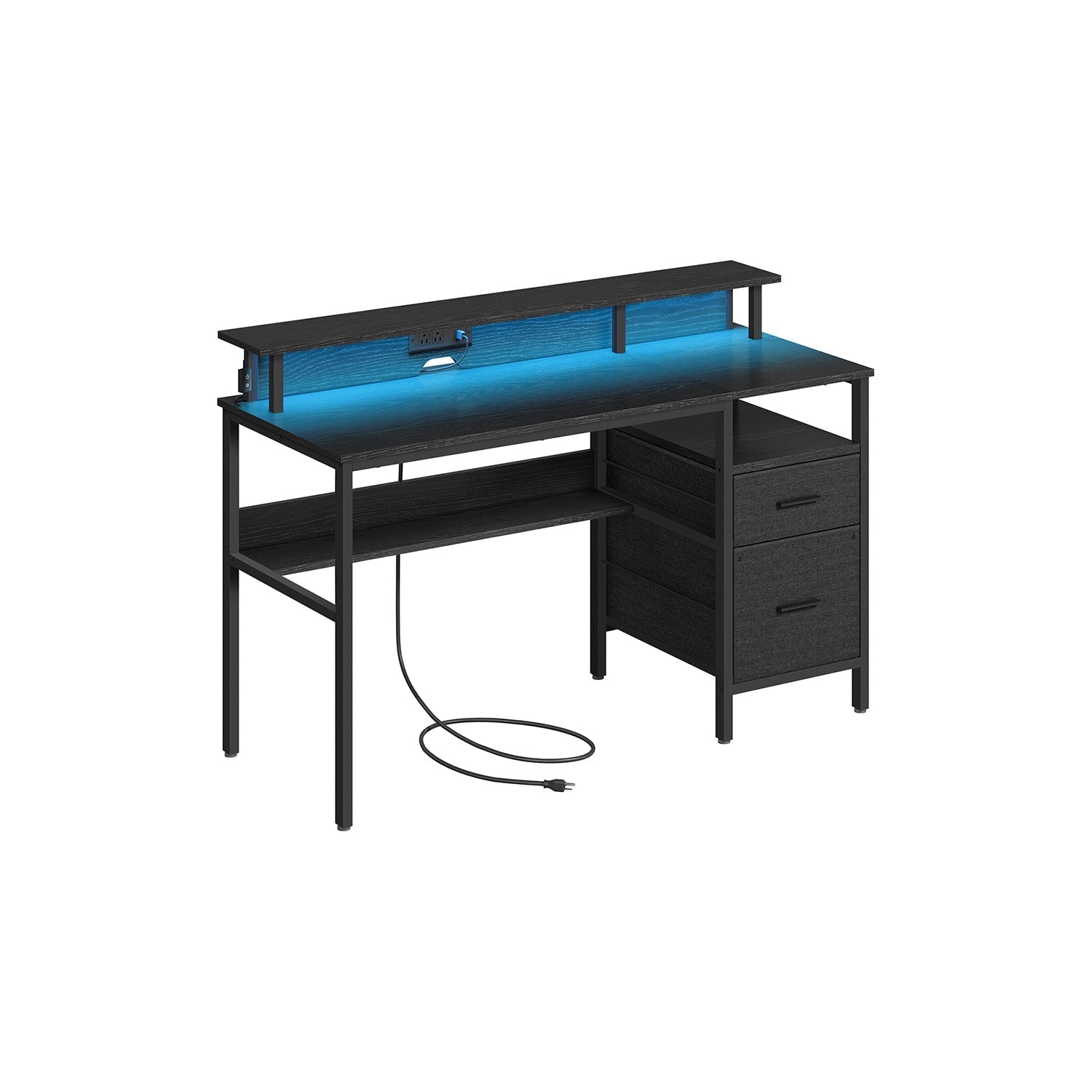Gaming Desk - Engineered Wood - Ebony Black - LED Lights