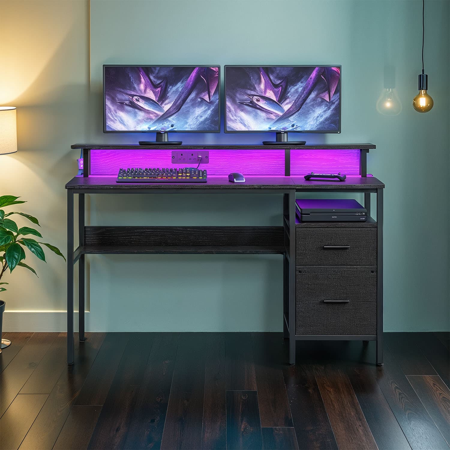 Computer Desk - MDF - Ebony Black - Built-In Power Outlets