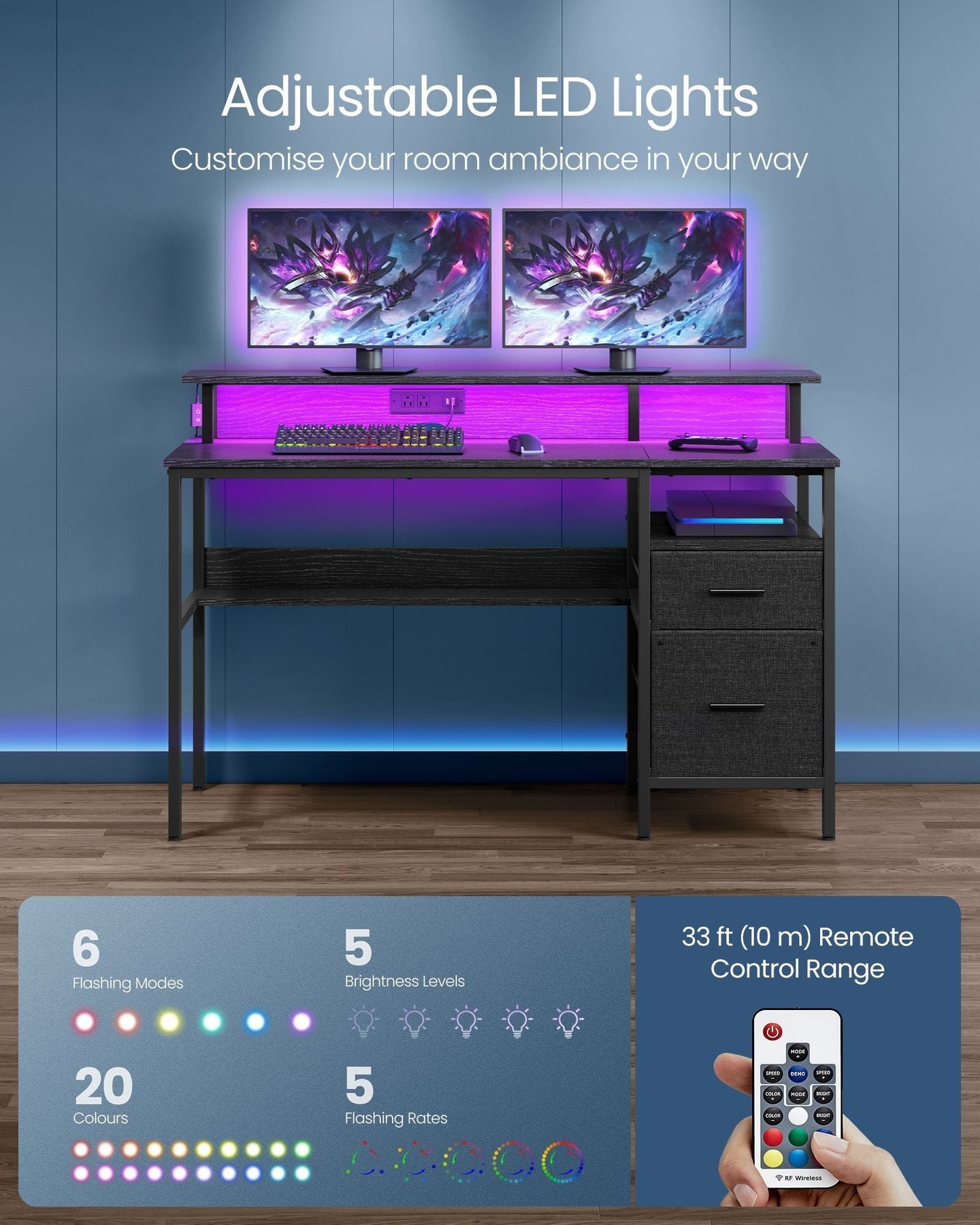 Gaming Desk - Engineered Wood - Ebony Black - LED Lights