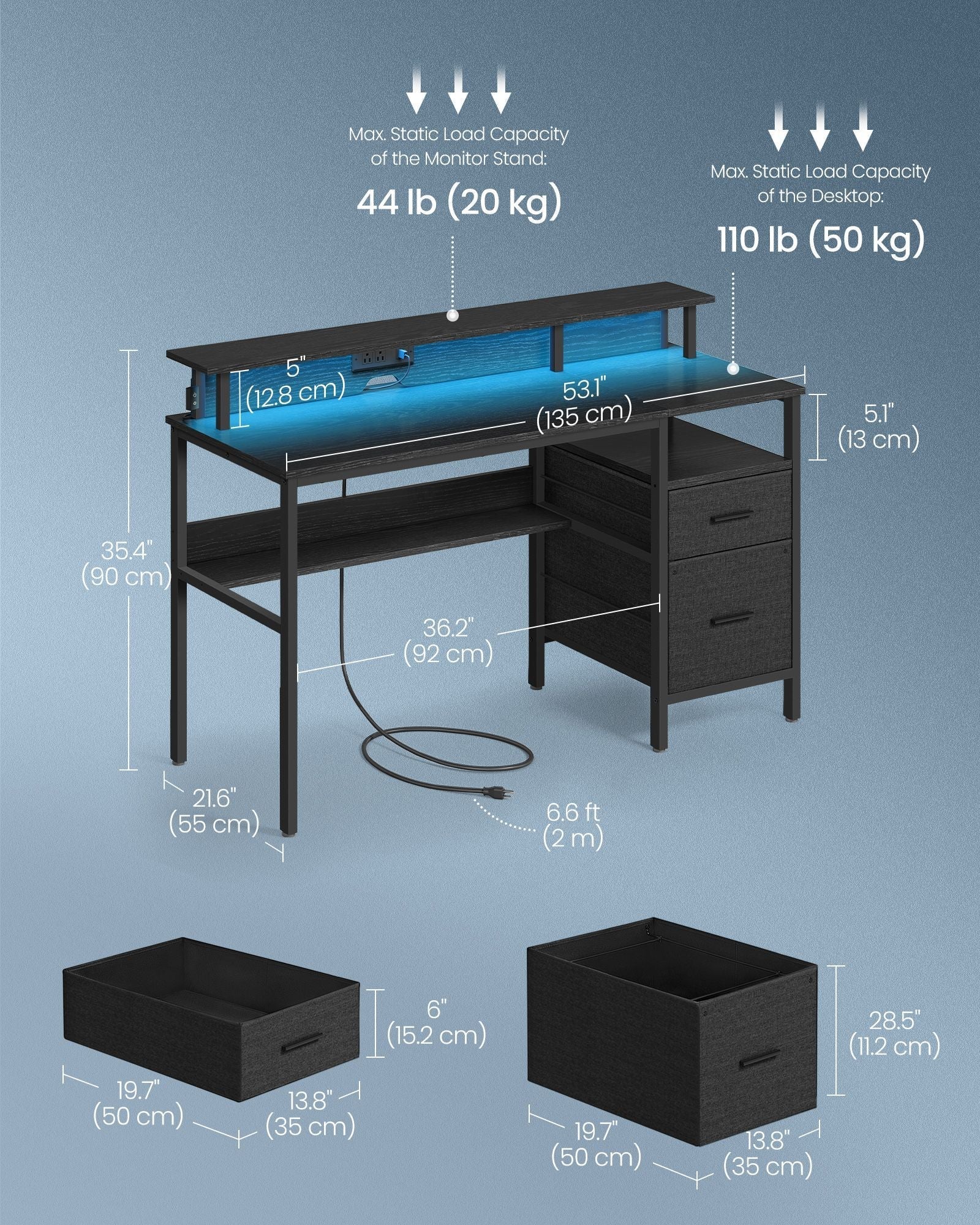 Gaming Desk - Engineered Wood - Ebony Black - LED Lights