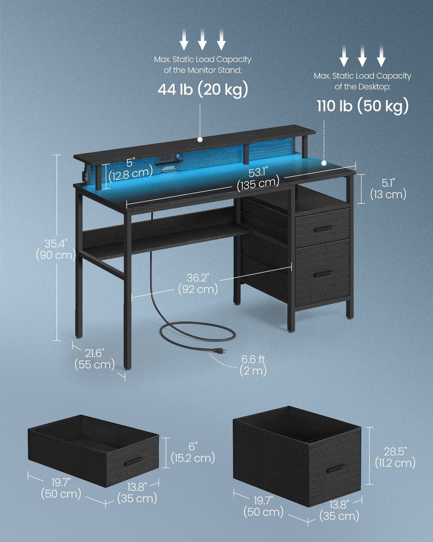Gaming Desk - Engineered Wood - Ebony Black - LED Lights
