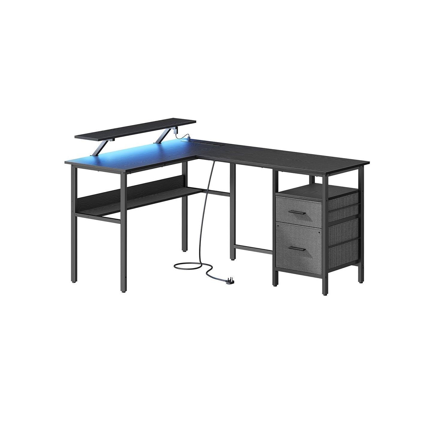 L-Shaped Computer Desk - Wood - Ebony Black - Features Power Outlets and Monitor Shelf