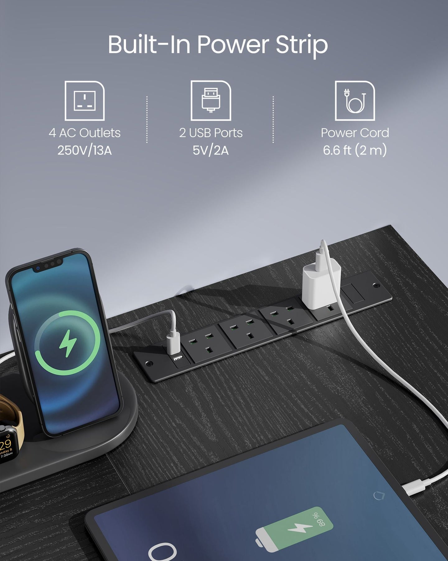 L-Shaped Computer Desk - Wood - Ebony Black - Features Power Outlets and Monitor Shelf