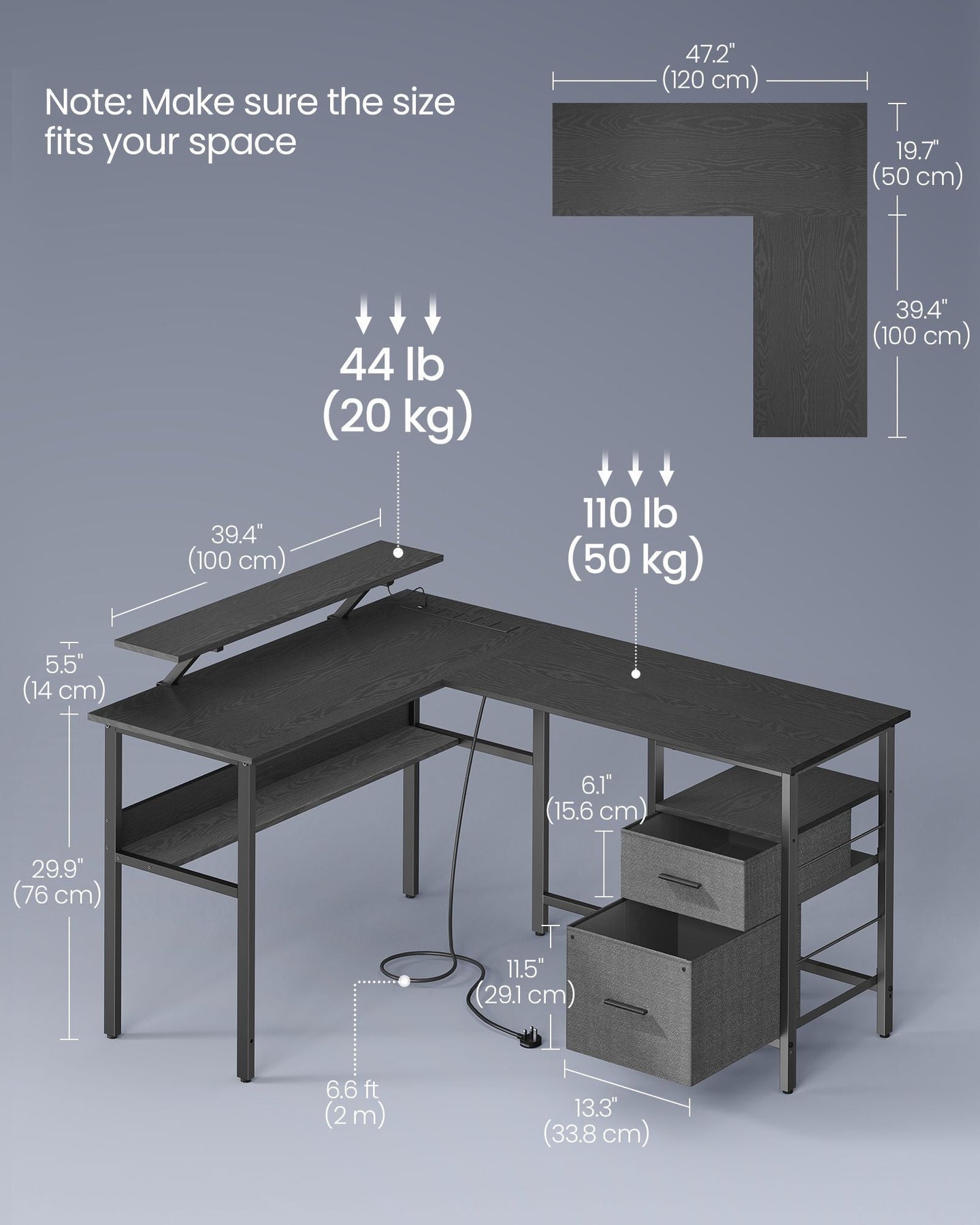 L-Shaped Computer Desk - Wood - Ebony Black - Features Power Outlets and Monitor Shelf