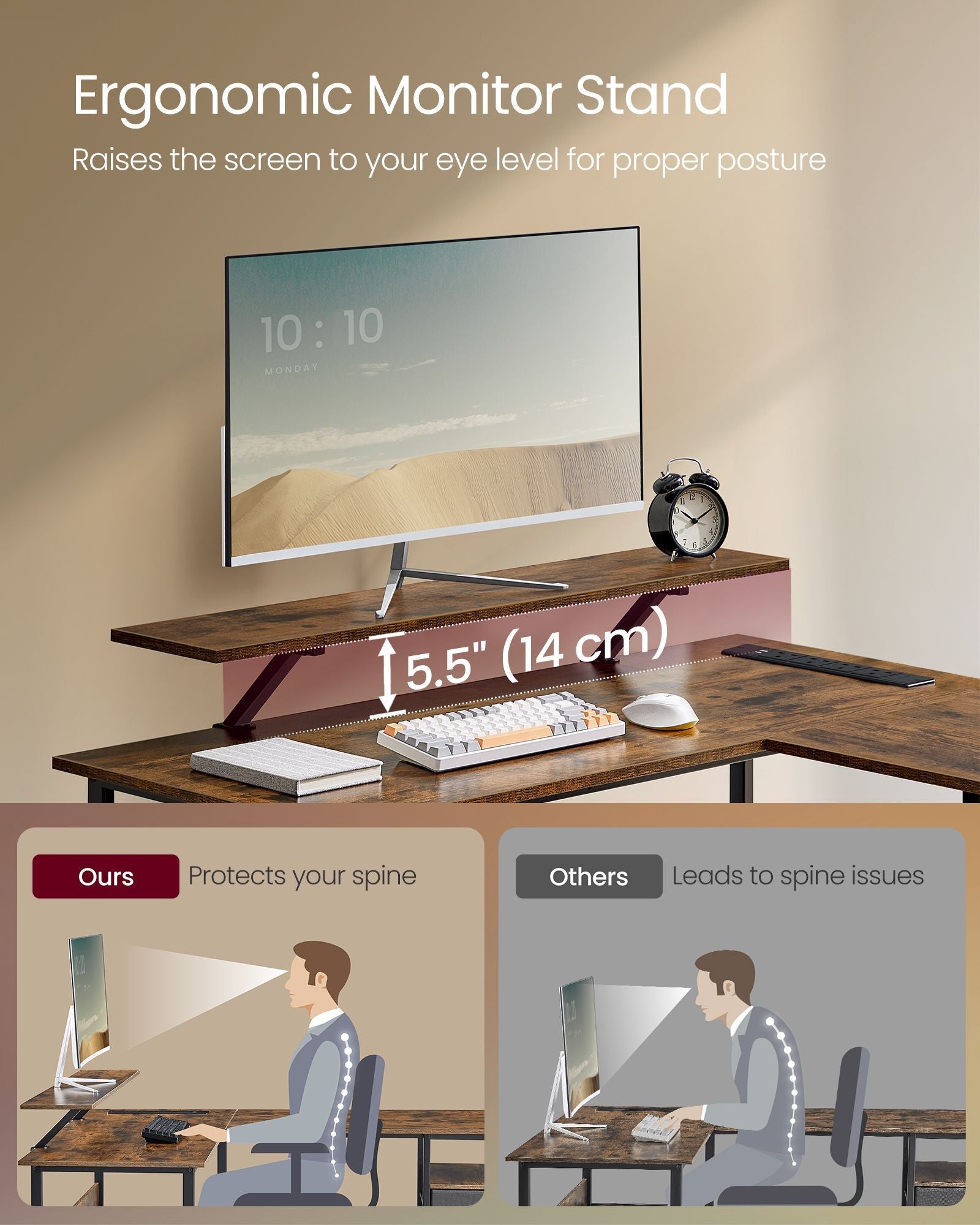 L-Shaped Computer Desk - Engineered Wood - Rustic Brown - with Power Outlets and Monitor Shelf