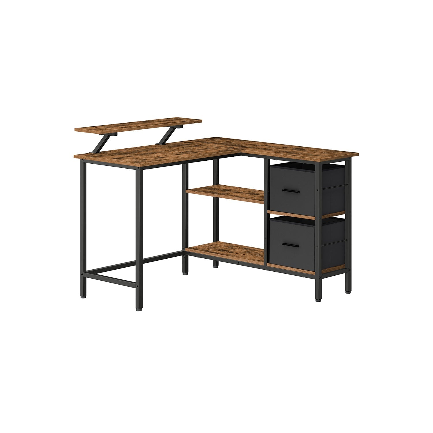 L-Shaped Desk - Wood - Rustic Brown - Features 2 Spacious Drawers and Monitor Stand