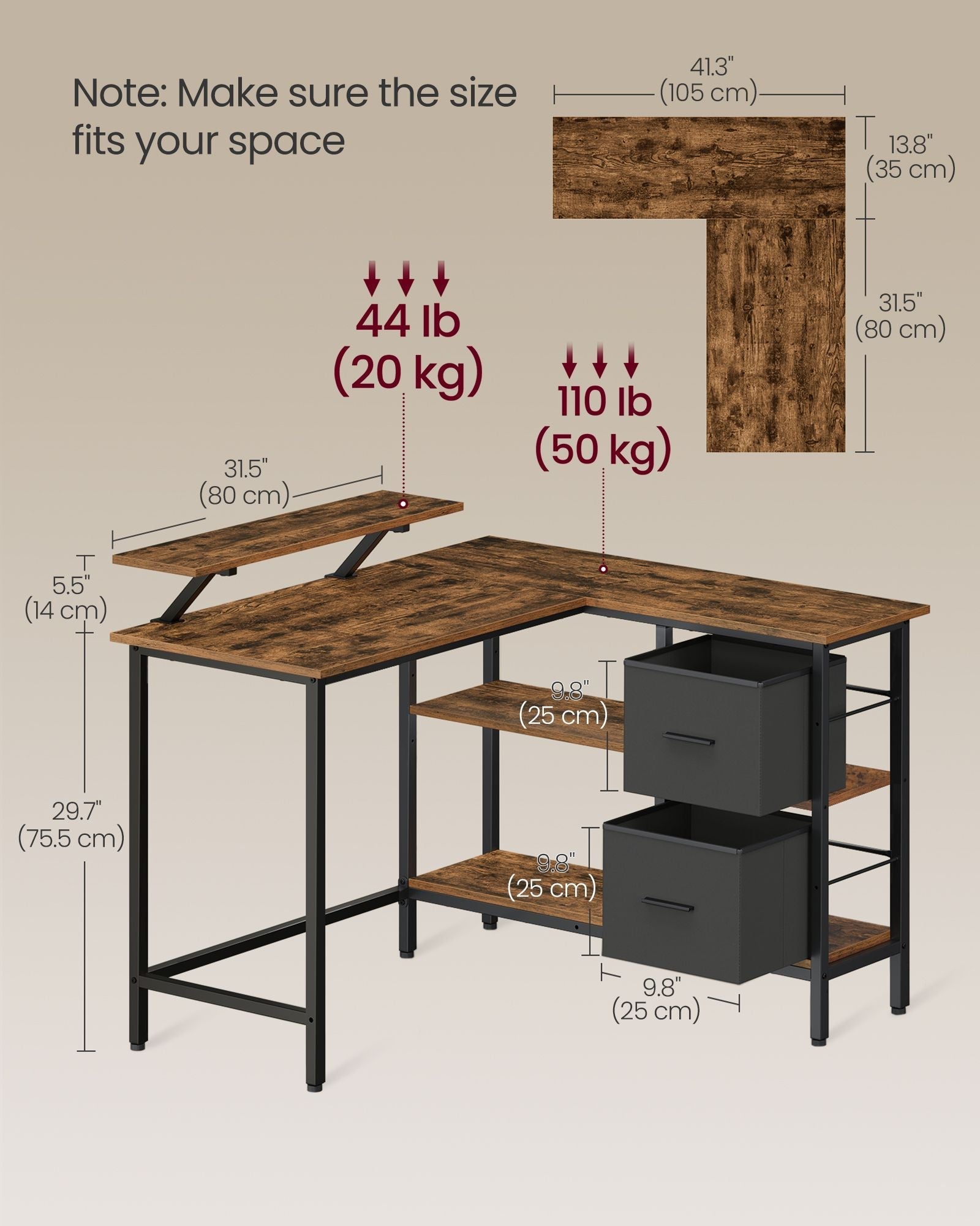 L-Shaped Desk - Wood - Rustic Brown - Features 2 Spacious Drawers and Monitor Stand