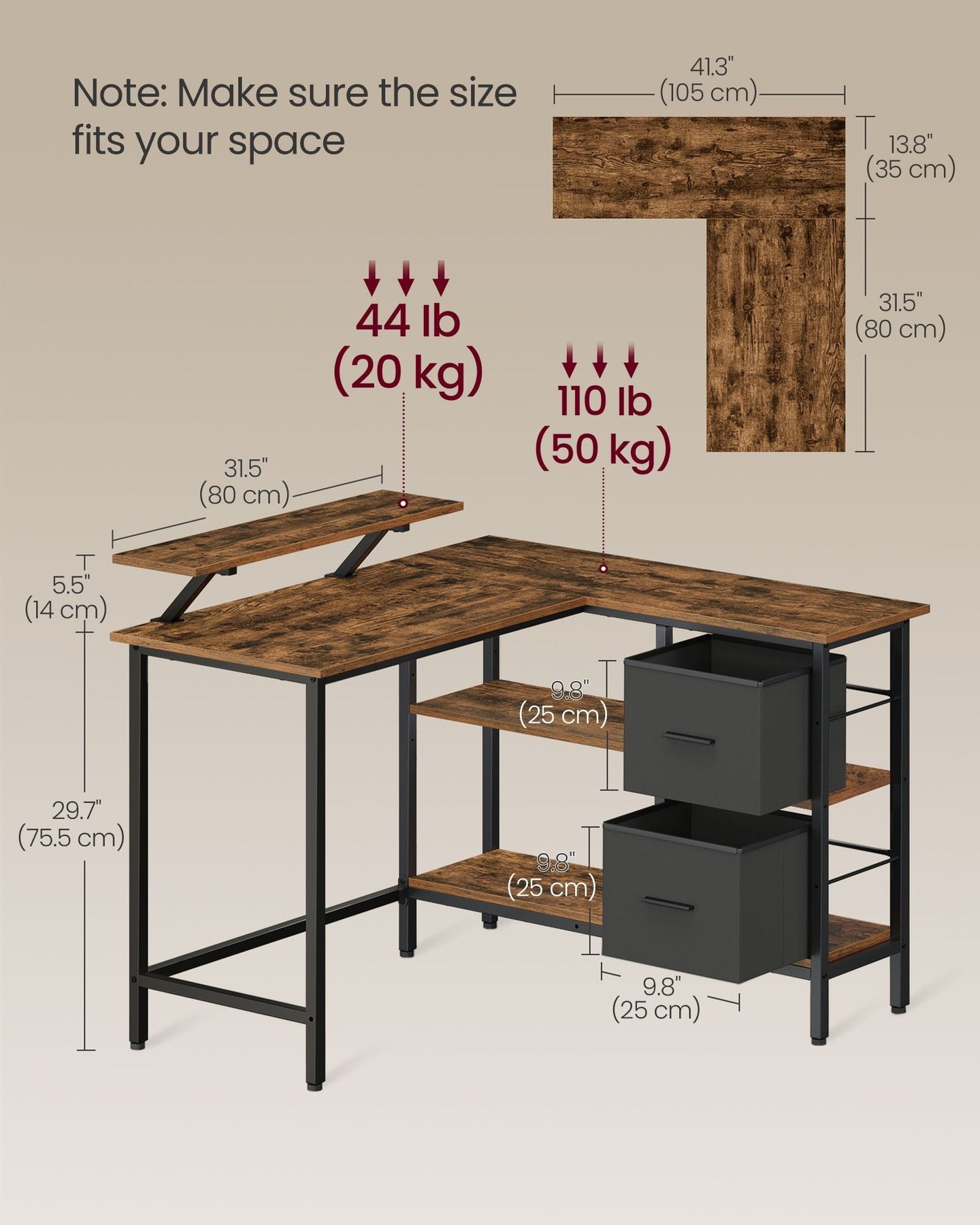 L-Shaped Desk - Wood - Rustic Brown - Features 2 Spacious Drawers and Monitor Stand