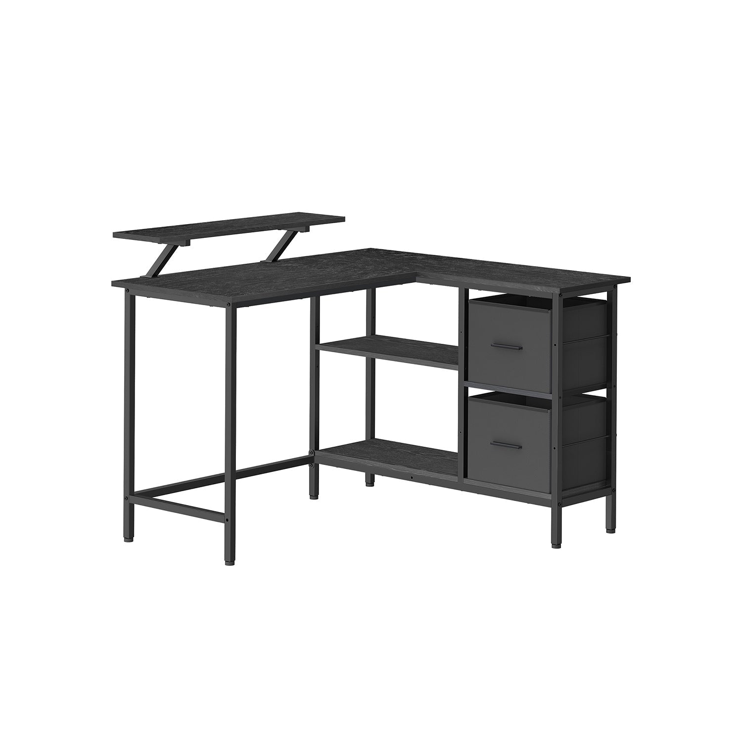L-Shaped Desk - Wood - Ebony Black - Features 2 Spacious Drawers and Adjustable Storage Shelf