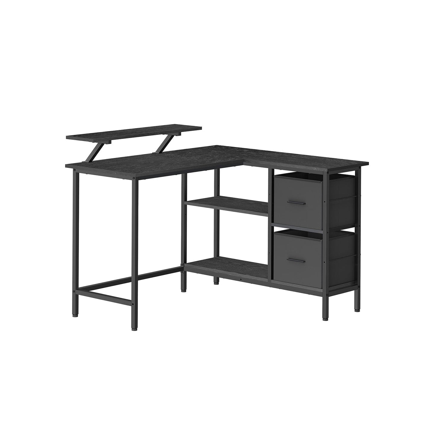 L-Shaped Desk - Wood - Ebony Black - Features 2 Spacious Drawers and Adjustable Storage Shelf