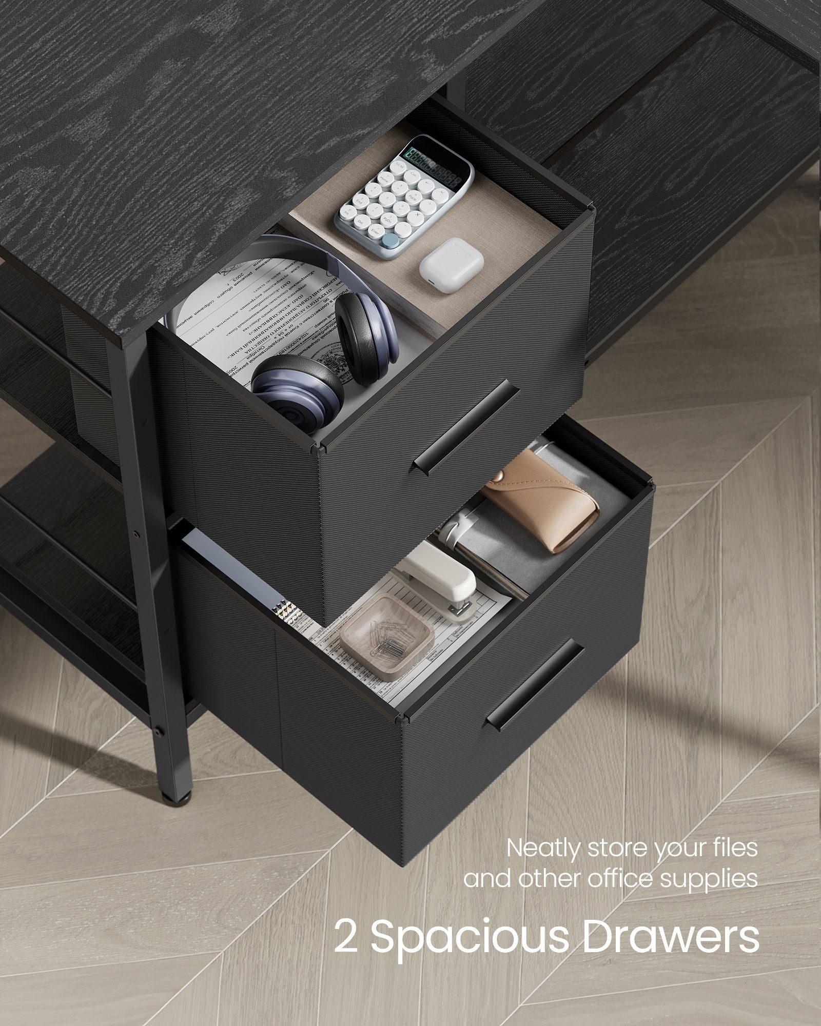 L-Shaped Desk - Wood - Ebony Black - Features 2 Spacious Drawers and Adjustable Storage Shelf