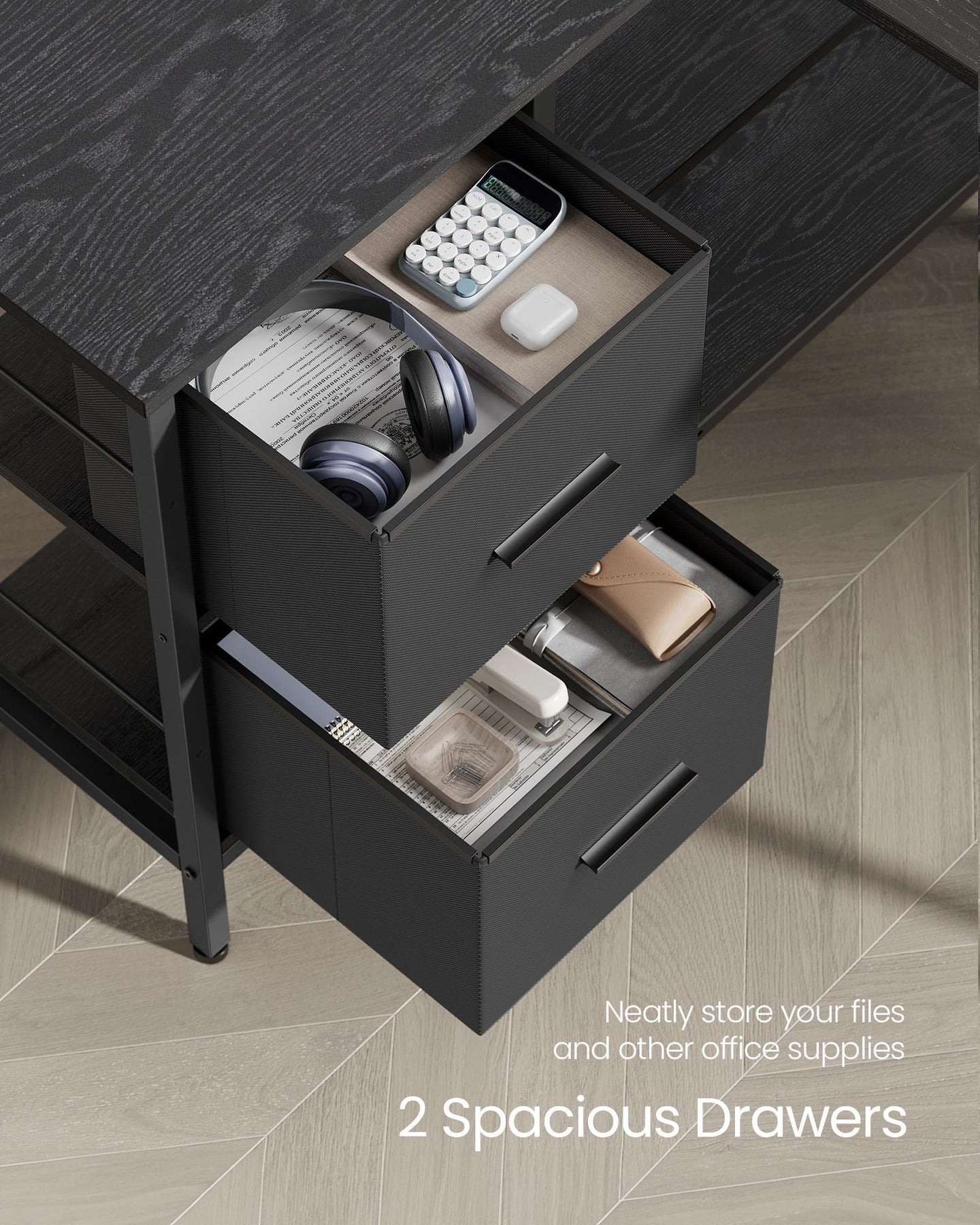 L-Shaped Desk - Wood - Ebony Black - Features 2 Spacious Drawers and Adjustable Storage Shelf