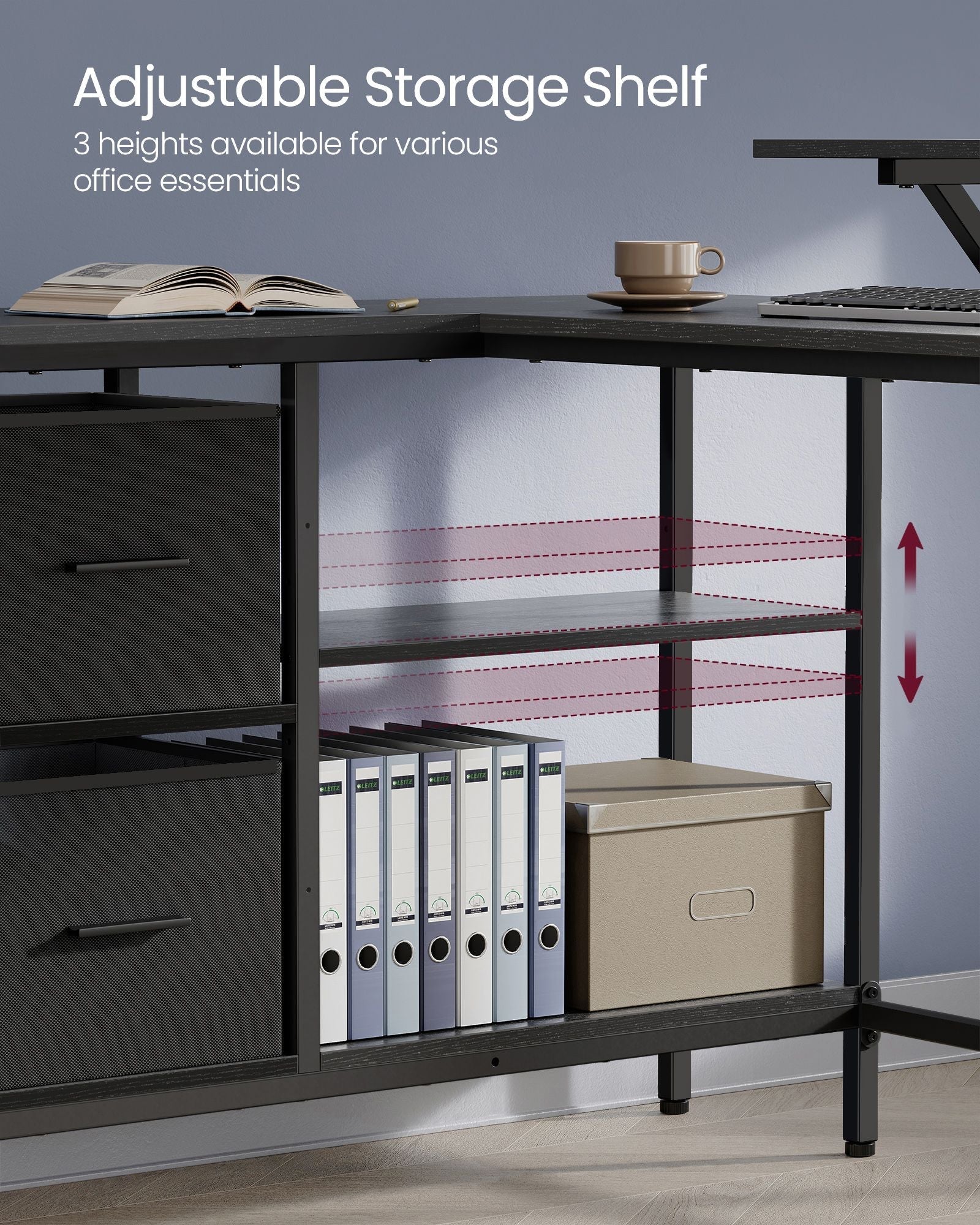 L-Shaped Desk - Wood - Ebony Black - Features 2 Spacious Drawers and Adjustable Storage Shelf
