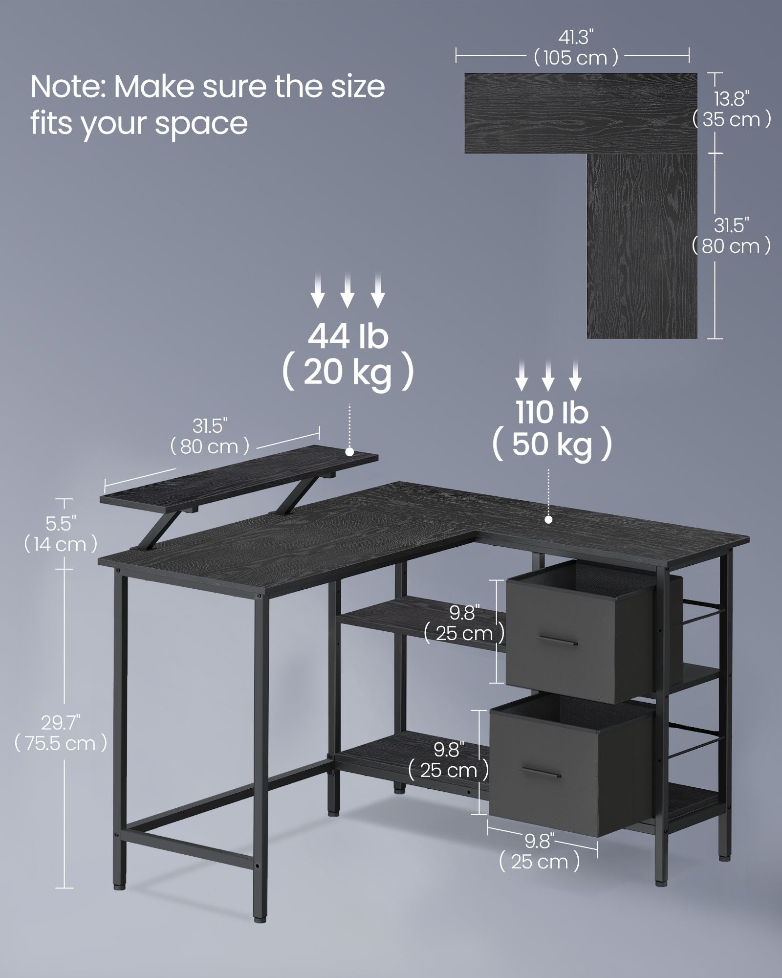 L-Shaped Desk - Wood - Ebony Black - Features 2 Spacious Drawers and Adjustable Storage Shelf