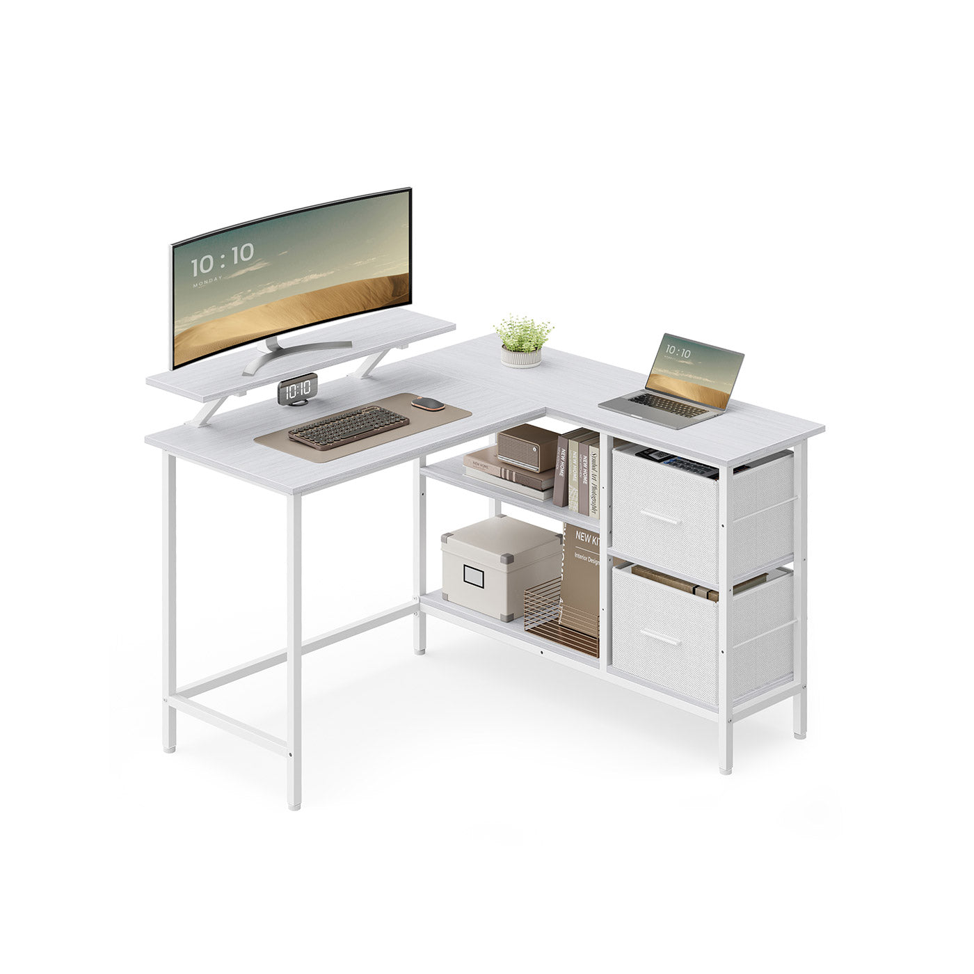 L-Shaped Desk - Wood - Maple White - Features Dual Spacious Drawers and Adjustable Storage Shelf