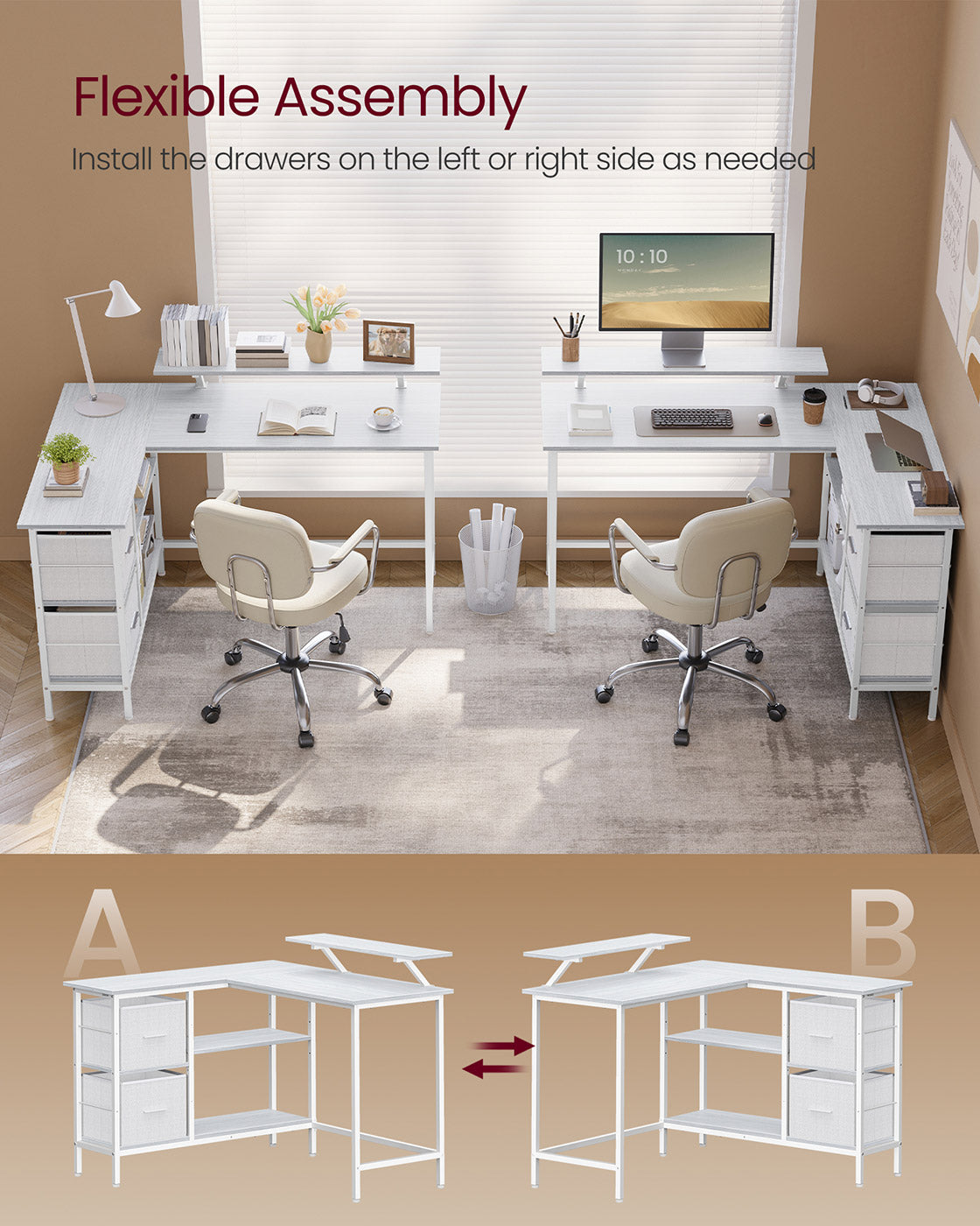L-Shaped Desk - Wood - Maple White - Features Dual Spacious Drawers and Adjustable Storage Shelf