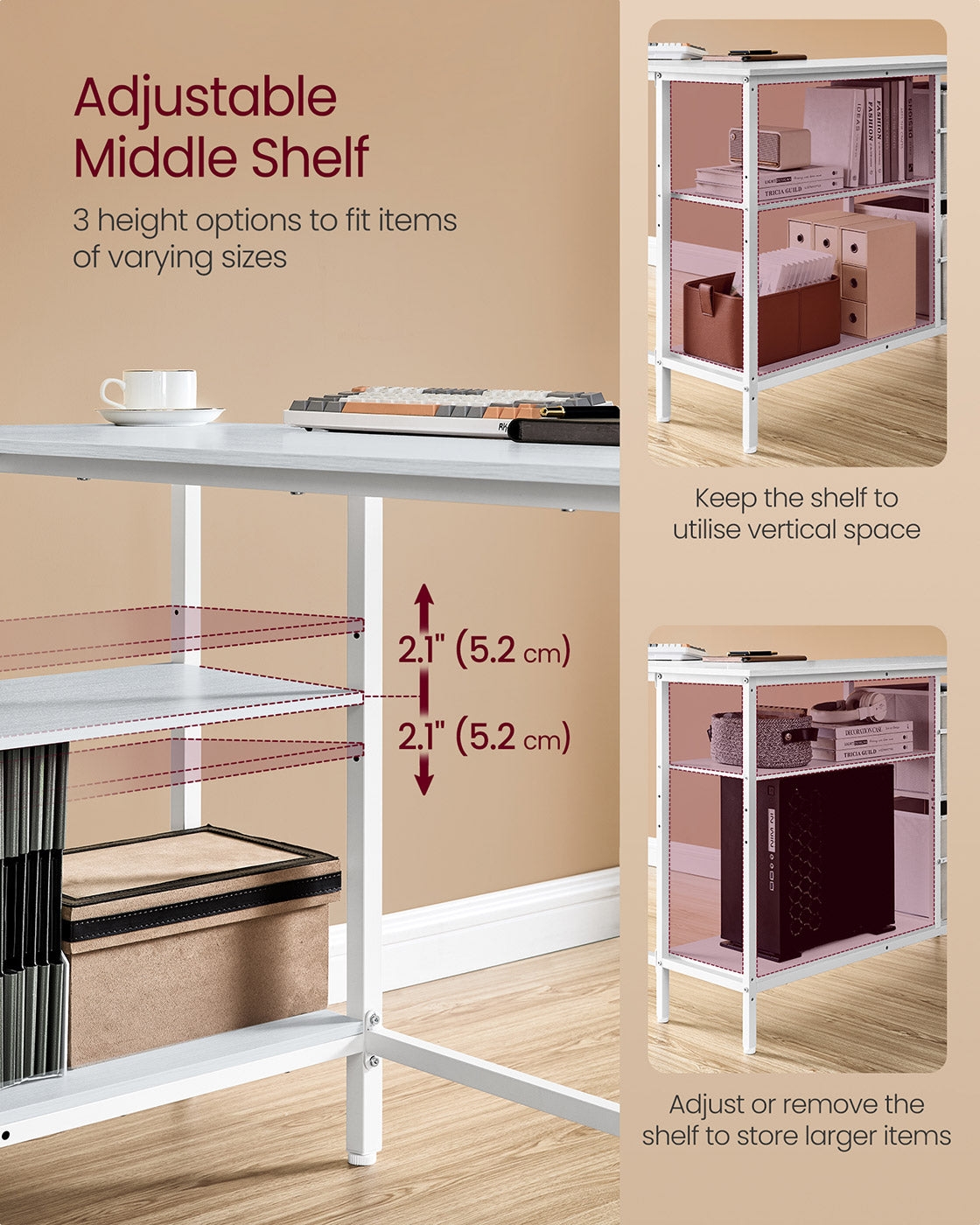 L-Shaped Desk - Wood - Maple White - Features Dual Spacious Drawers and Adjustable Storage Shelf